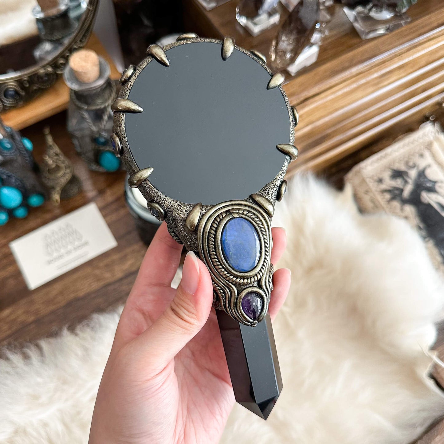 Handmade Natural Black Obsidian Mirror/Magic Obsidian Witch Wand/Crystal Quartz Wand/Scrying Mirror Wand/Root Chakra/Manifest Altar Tool