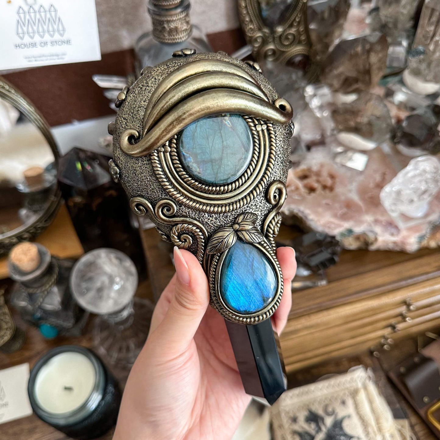 Handmade Natural Black Obsidian Mirror/Magic Obsidian Witch Wand/Crystal Quartz Wand/Scrying Mirror Wand/Root Chakra/Manifest Altar Tool