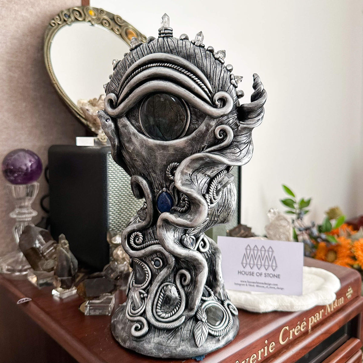 Handmade Natural Black Obsidian Mirror/Magic Obsidian Witch/Crystal Quartz with Base/Scrying Mirror/Root Chakra/Manifest Altar Tool