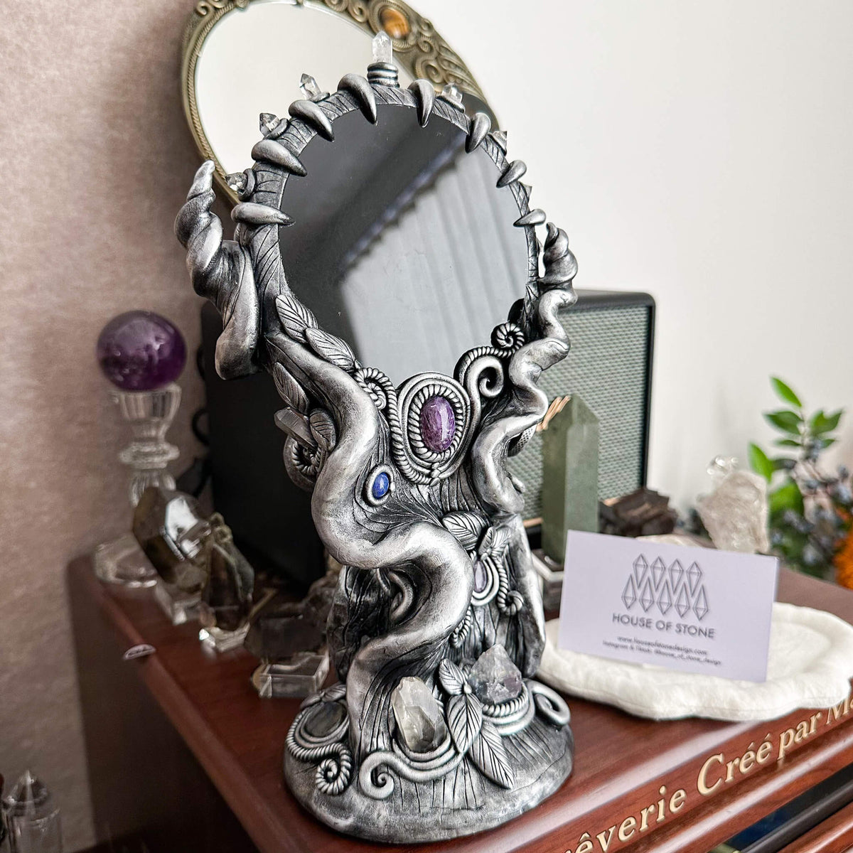 Handmade Natural Black Obsidian Mirror/Magic Obsidian Witch/Crystal Quartz with Base/Scrying Mirror/Root Chakra/Manifest Altar Tool