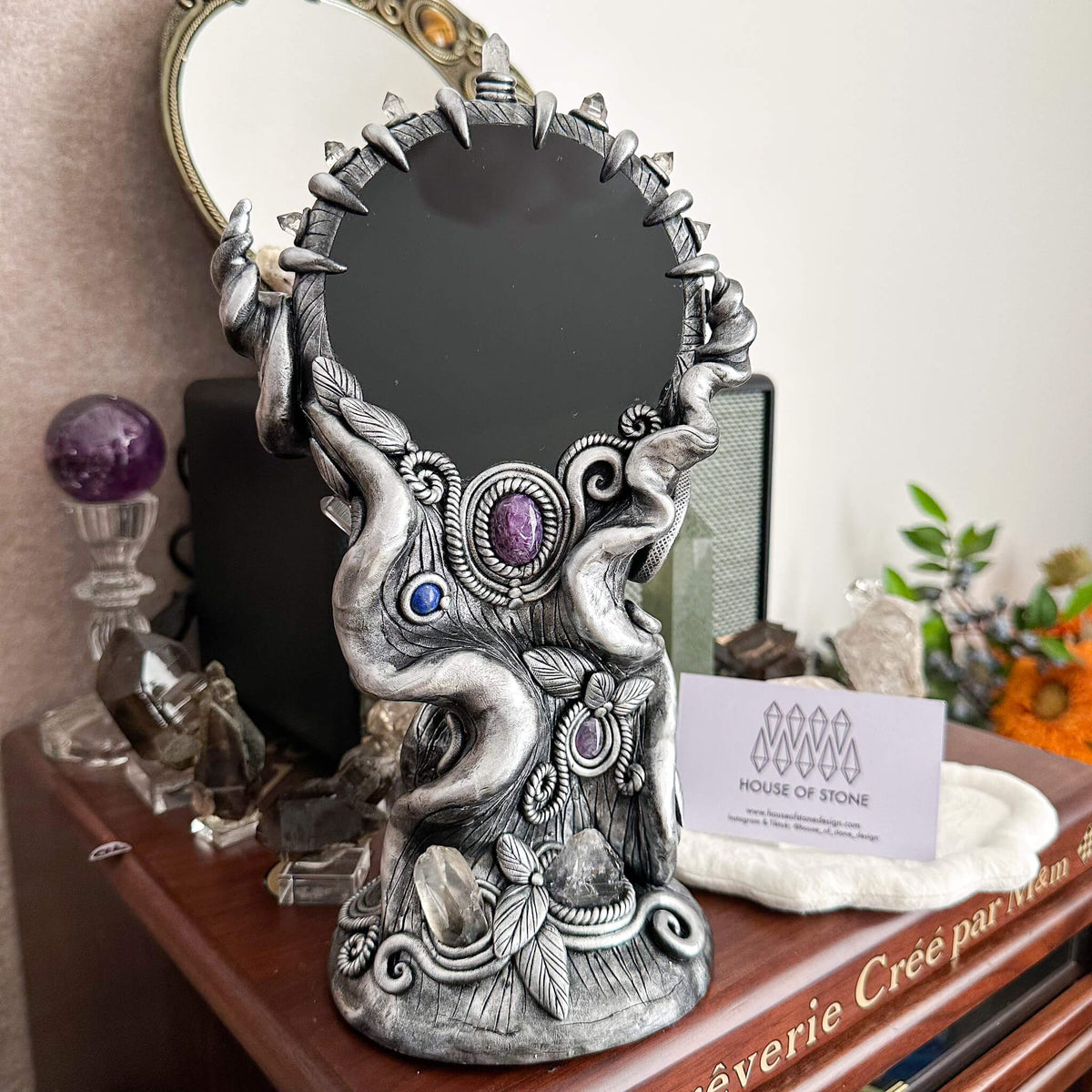 Handmade Natural Black Obsidian Mirror/Magic Obsidian Witch/Crystal Quartz with Base/Scrying Mirror/Root Chakra/Manifest Altar Tool