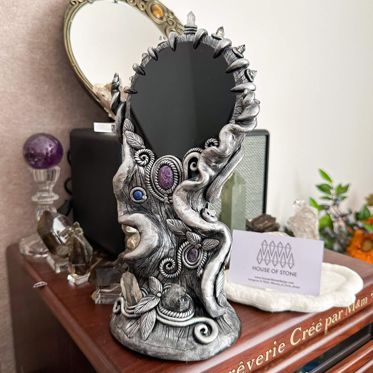 Handmade Natural Black Obsidian Mirror/Magic Obsidian Witch/Crystal Quartz with Base/Scrying Mirror/Root Chakra/Manifest Altar Tool