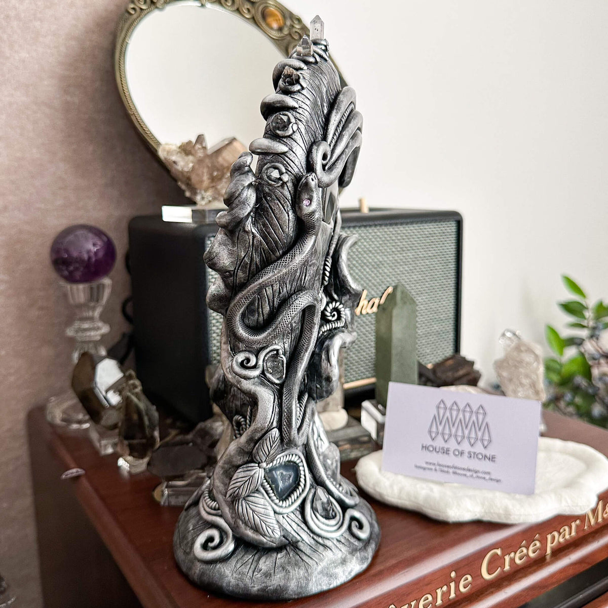 Handmade Natural Black Obsidian Mirror/Magic Obsidian Witch/Crystal Quartz with Base/Scrying Mirror/Root Chakra/Manifest Altar Tool