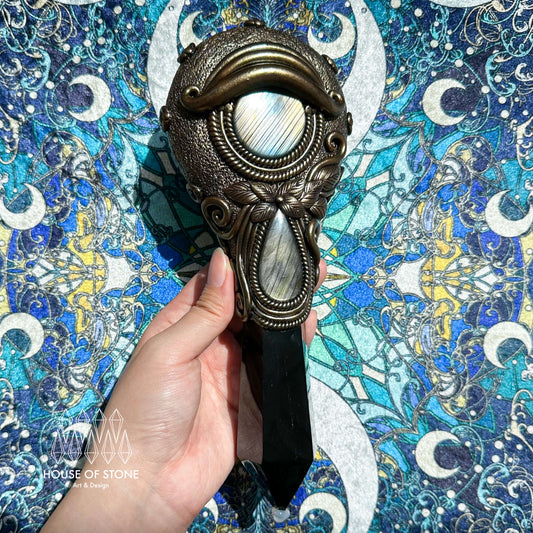 Handmade Natural Black Obsidian Mirror/Magic Obsidian Witch Wand/Crystal Quartz Wand/Scrying Mirror Wand/Root Chakra/Manifest Altar Tool