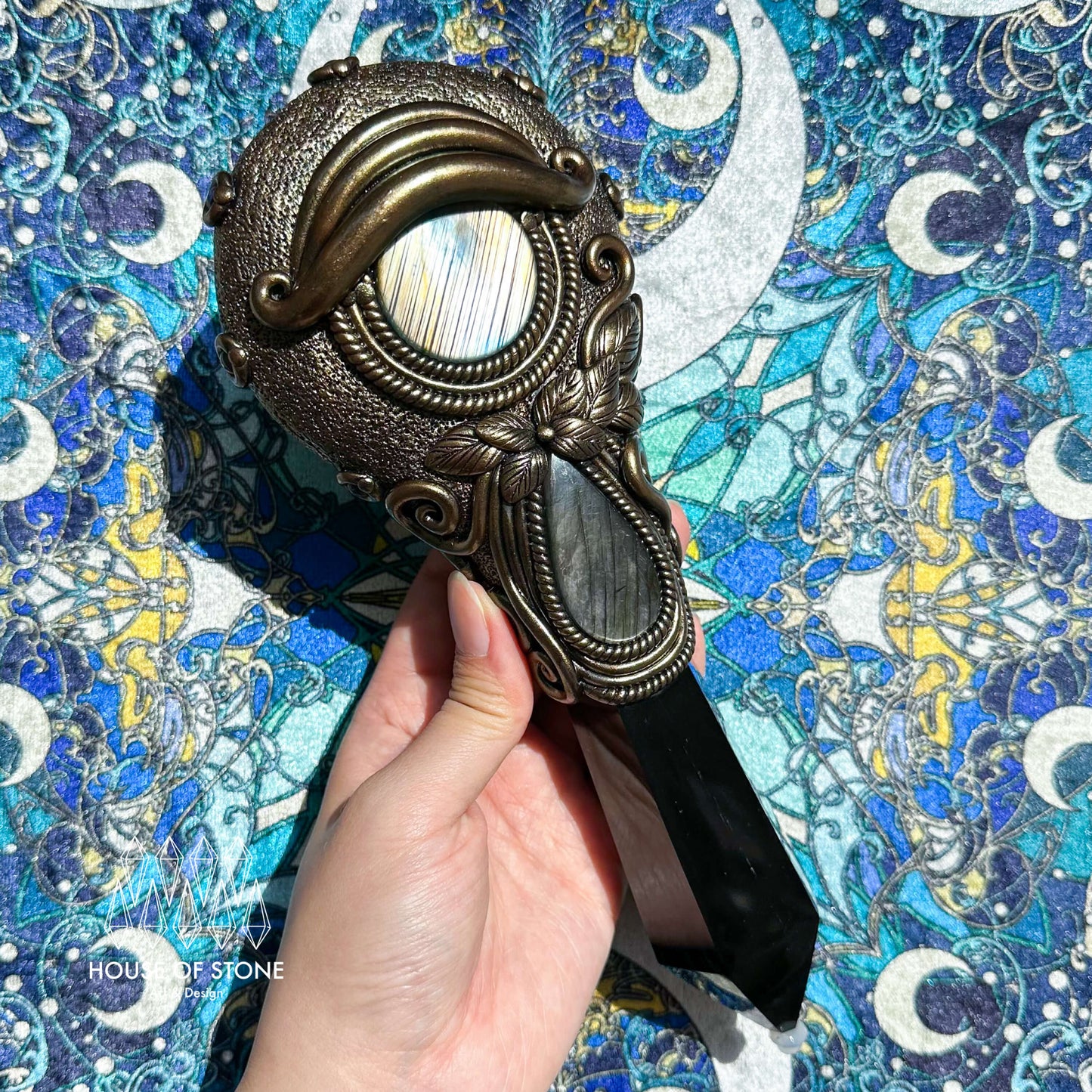 Handmade Natural Black Obsidian Mirror/Magic Obsidian Witch Wand/Crystal Quartz Wand/Scrying Mirror Wand/Root Chakra/Manifest Altar Tool