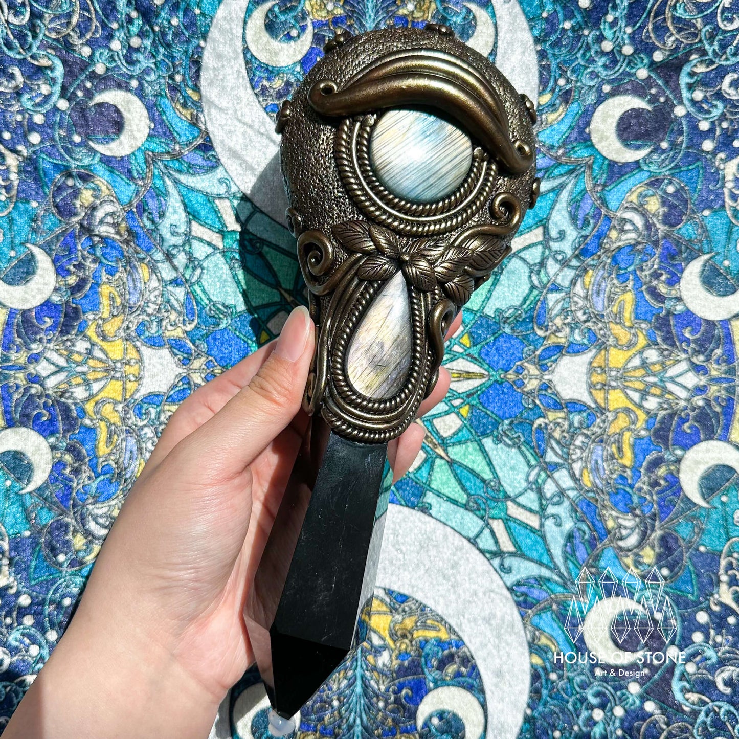 Handmade Natural Black Obsidian Mirror/Magic Obsidian Witch Wand/Crystal Quartz Wand/Scrying Mirror Wand/Root Chakra/Manifest Altar Tool