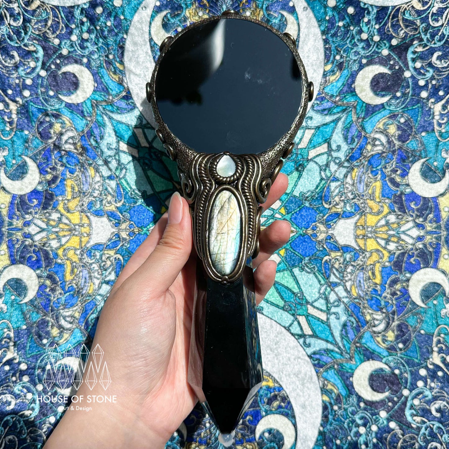 Handmade Natural Black Obsidian Mirror/Magic Obsidian Witch Wand/Crystal Quartz Wand/Scrying Mirror Wand/Root Chakra/Manifest Altar Tool
