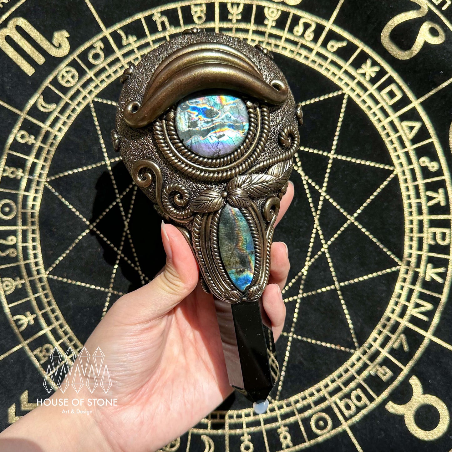 Handmade Natural Black Obsidian Mirror/Magic Obsidian Witch Wand/Crystal Quartz Wand/Scrying Mirror Wand/Root Chakra/Manifest Altar Tool