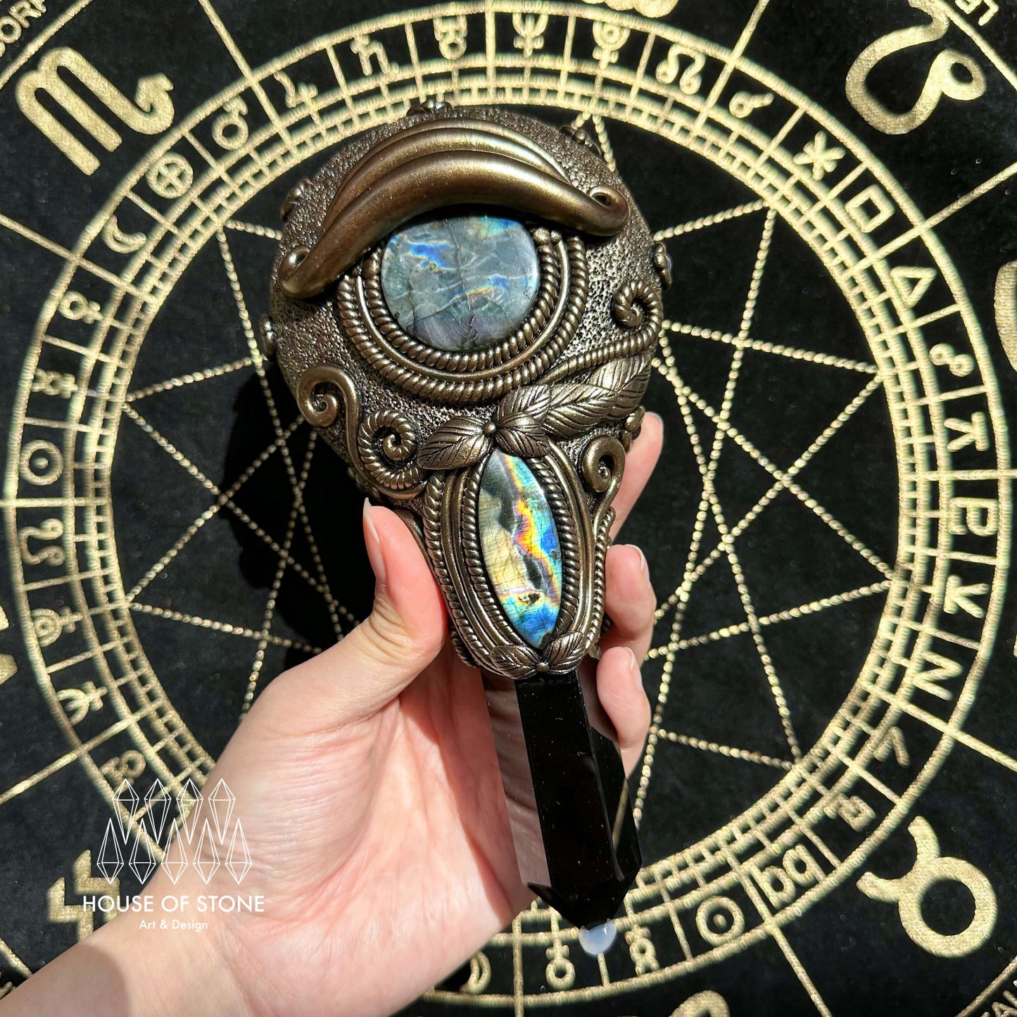 Handmade Natural Black Obsidian Mirror/Magic Obsidian Witch Wand/Crystal Quartz Wand/Scrying Mirror Wand/Root Chakra/Manifest Altar Tool