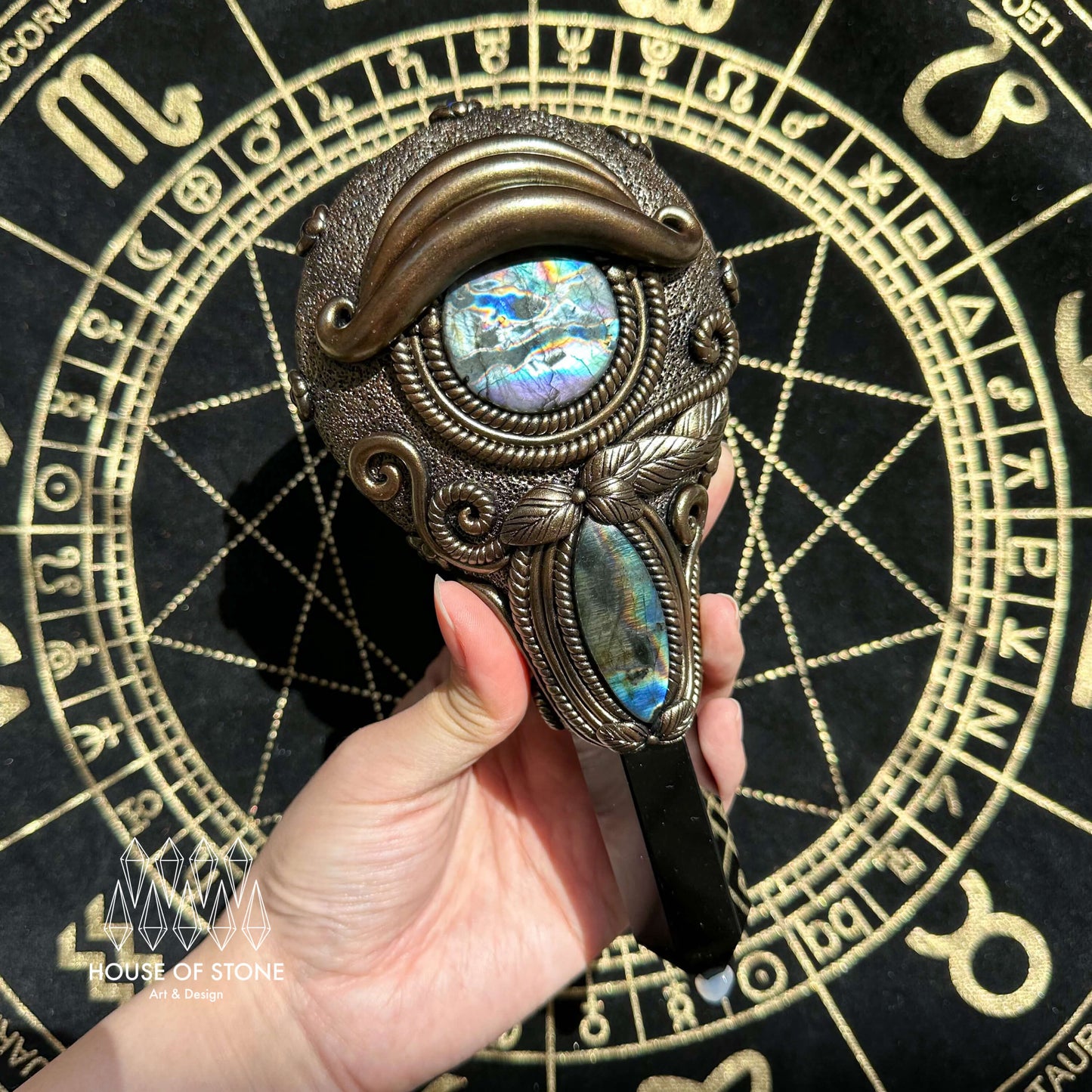 Handmade Natural Black Obsidian Mirror/Magic Obsidian Witch Wand/Crystal Quartz Wand/Scrying Mirror Wand/Root Chakra/Manifest Altar Tool