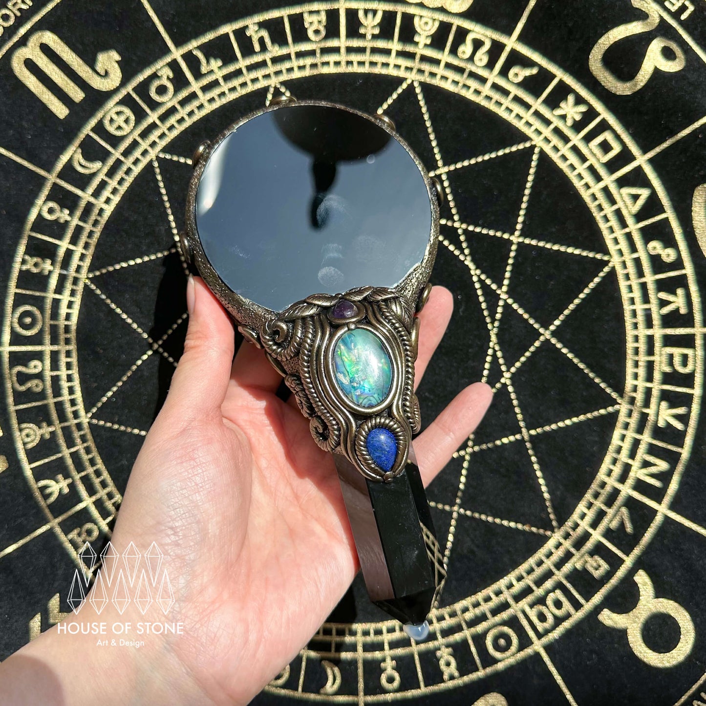 Handmade Natural Black Obsidian Mirror/Magic Obsidian Witch Wand/Crystal Quartz Wand/Scrying Mirror Wand/Root Chakra/Manifest Altar Tool