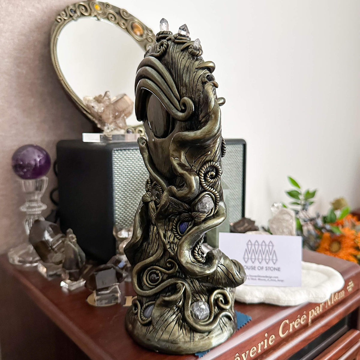 Handmade Natural Black Obsidian Mirror/Magic Obsidian Witch/Crystal Quartz with Base/Scrying Mirror/Root Chakra/Manifest Altar Tool