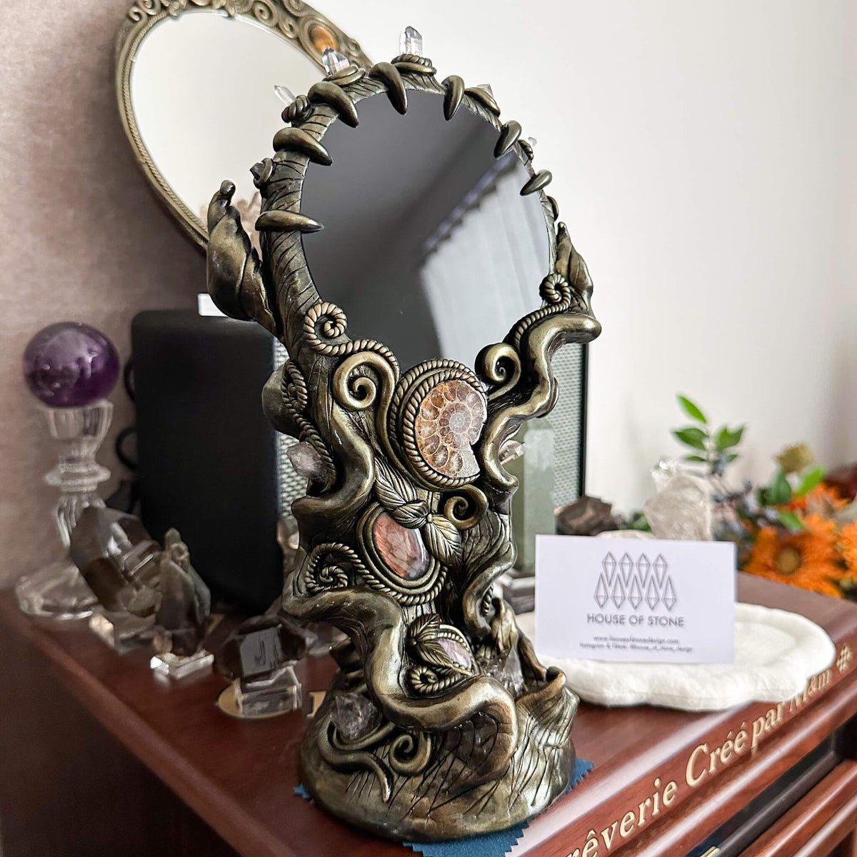 Handmade Natural Black Obsidian Mirror/Magic Obsidian Witch/Crystal Quartz with Base/Scrying Mirror/Root Chakra/Manifest Altar Tool