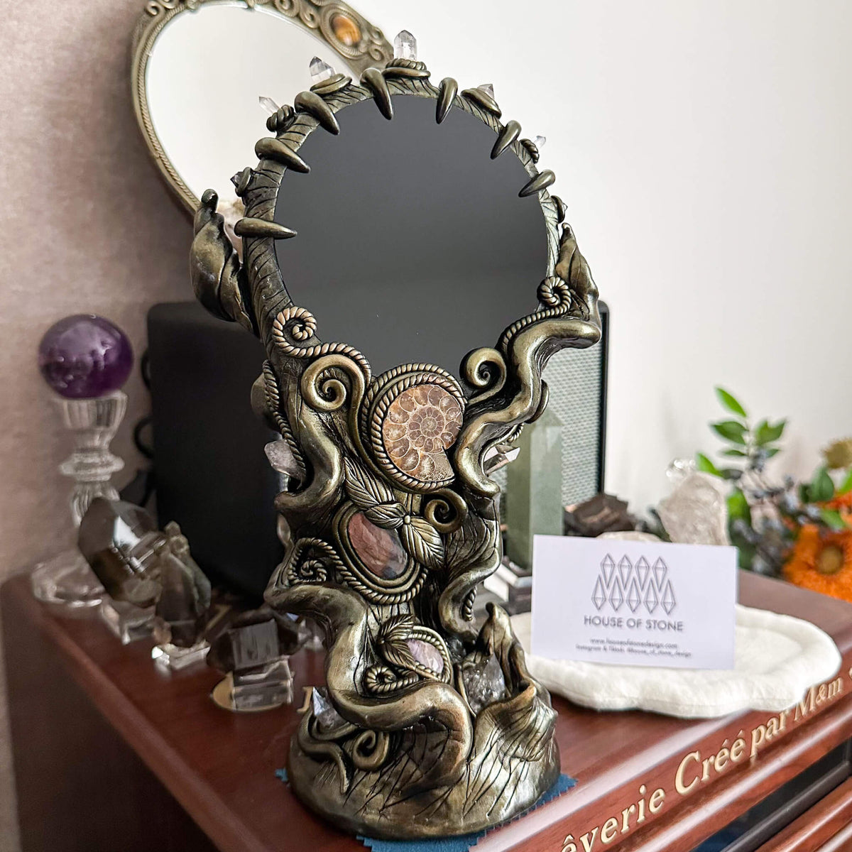 Handmade Natural Black Obsidian Mirror/Magic Obsidian Witch/Crystal Quartz with Base/Scrying Mirror/Root Chakra/Manifest Altar Tool