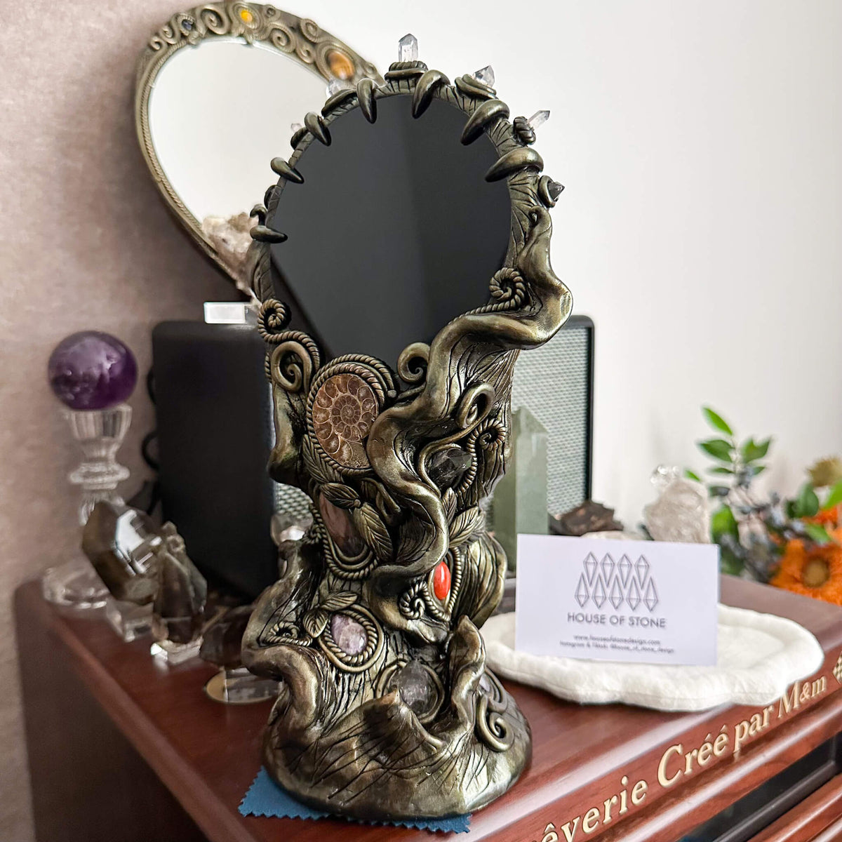 Handmade Natural Black Obsidian Mirror/Magic Obsidian Witch/Crystal Quartz with Base/Scrying Mirror/Root Chakra/Manifest Altar Tool