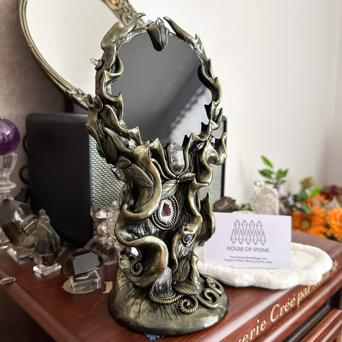 Handmade Natural Black Obsidian Mirror/Magic Obsidian Witch/Crystal Quartz with Base/Scrying Mirror/Root Chakra/Manifest Altar Tool
