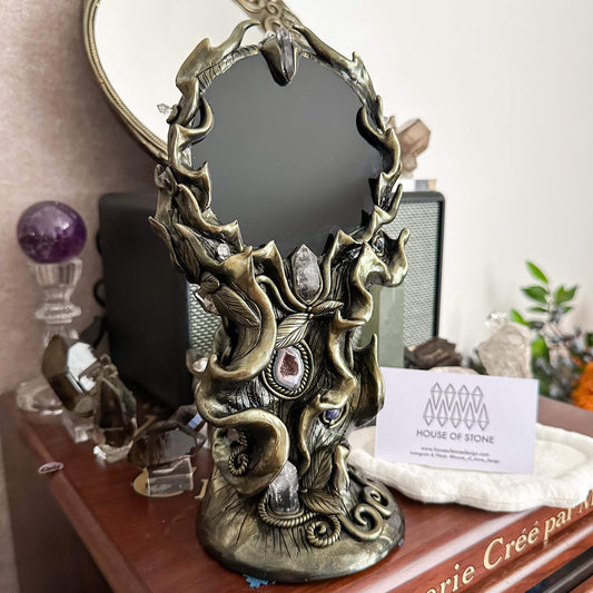 Handmade Natural Black Obsidian Mirror/Magic Obsidian Witch/Crystal Quartz with Base/Scrying Mirror/Root Chakra/Manifest Altar Tool