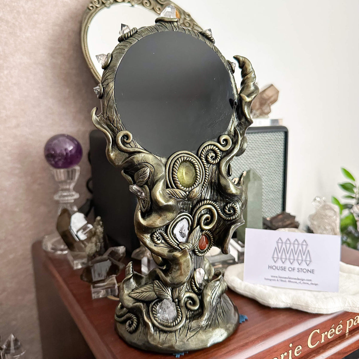 Handmade Natural Black Obsidian Mirror/Magic Obsidian Witch/Crystal Quartz with Base/Scrying Mirror/Root Chakra/Manifest Altar Tool