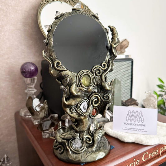 Handmade Natural Black Obsidian Mirror/Magic Obsidian Witch/Crystal Quartz with Base/Scrying Mirror/Root Chakra/Manifest Altar Tool