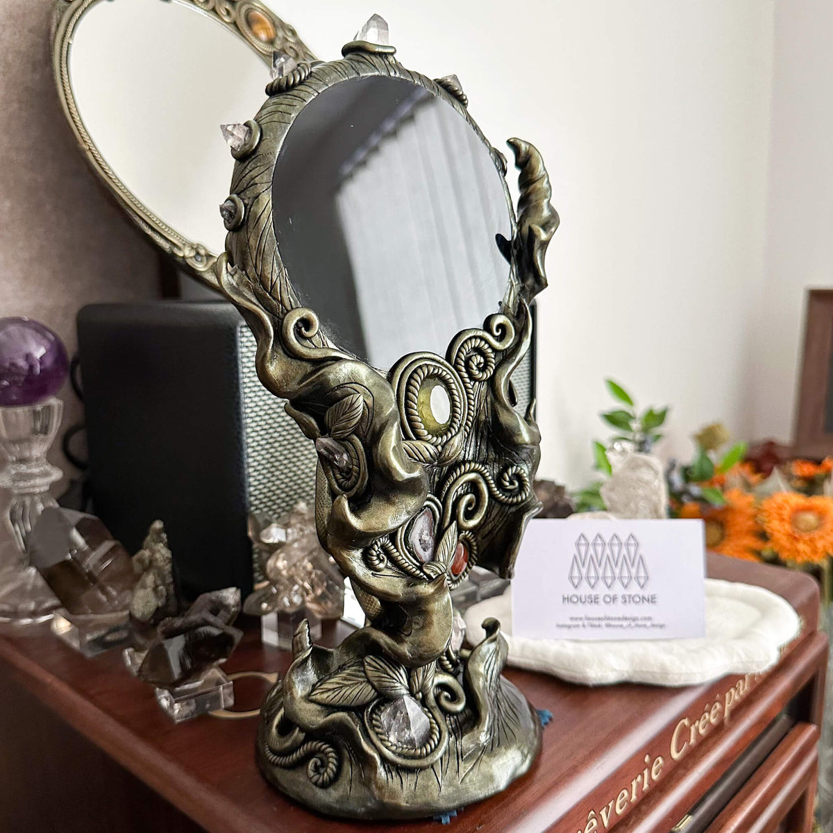 Handmade Natural Black Obsidian Mirror/Magic Obsidian Witch/Crystal Quartz with Base/Scrying Mirror/Root Chakra/Manifest Altar Tool