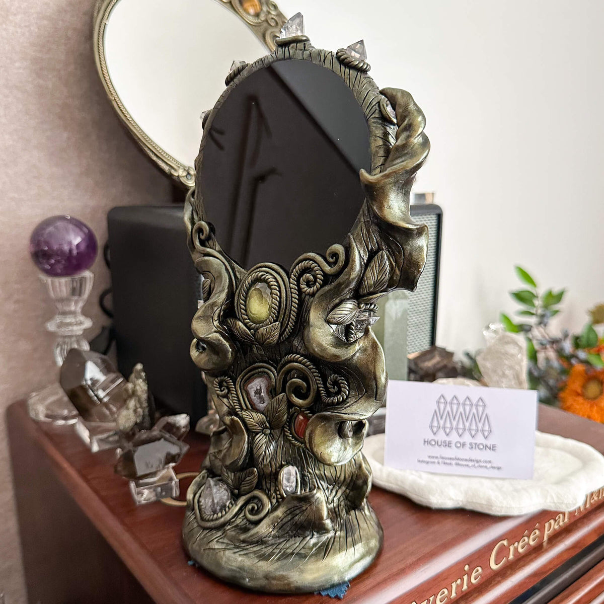 Handmade Natural Black Obsidian Mirror/Magic Obsidian Witch/Crystal Quartz with Base/Scrying Mirror/Root Chakra/Manifest Altar Tool