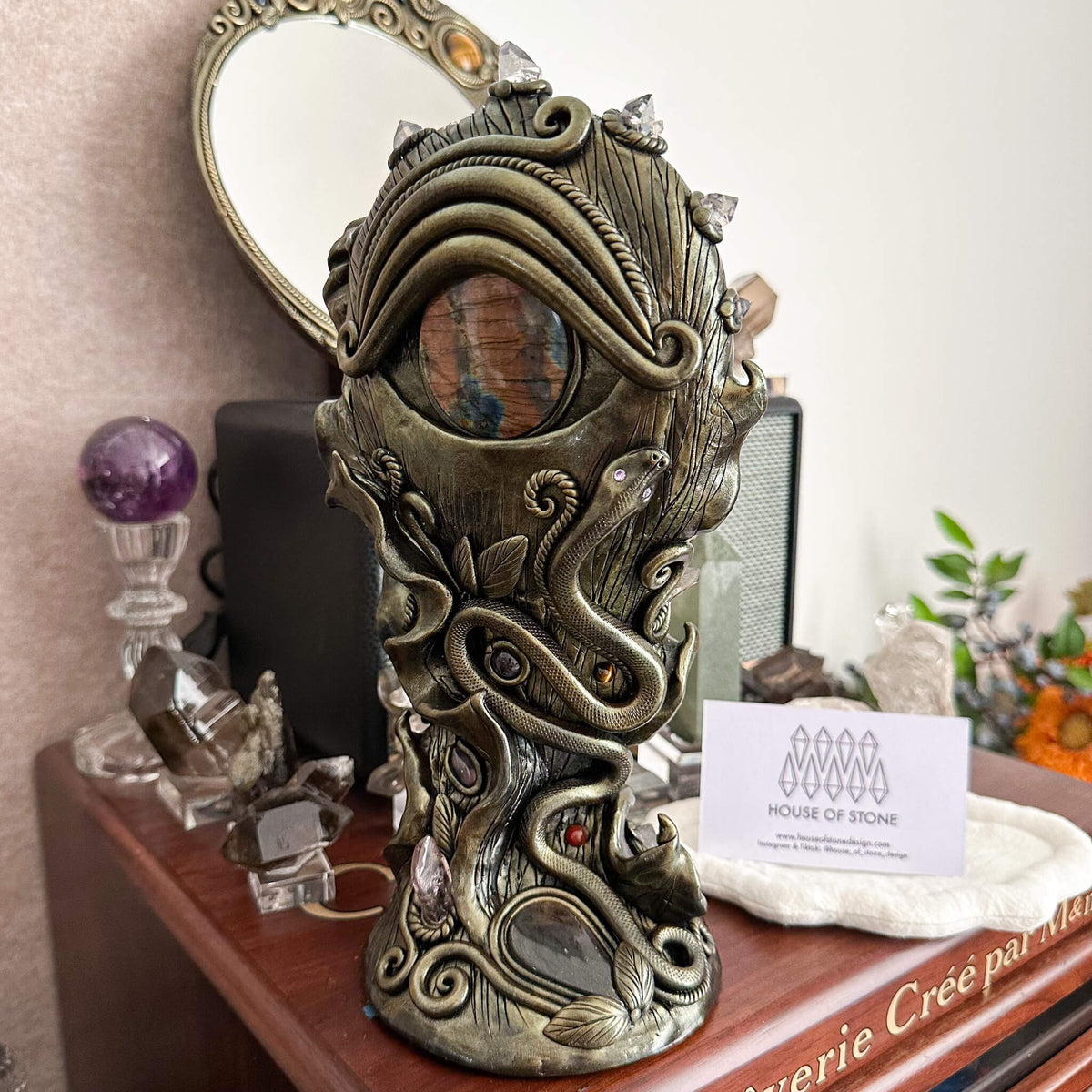 Handmade Natural Black Obsidian Mirror/Magic Obsidian Witch/Crystal Quartz with Base/Scrying Mirror/Root Chakra/Manifest Altar Tool