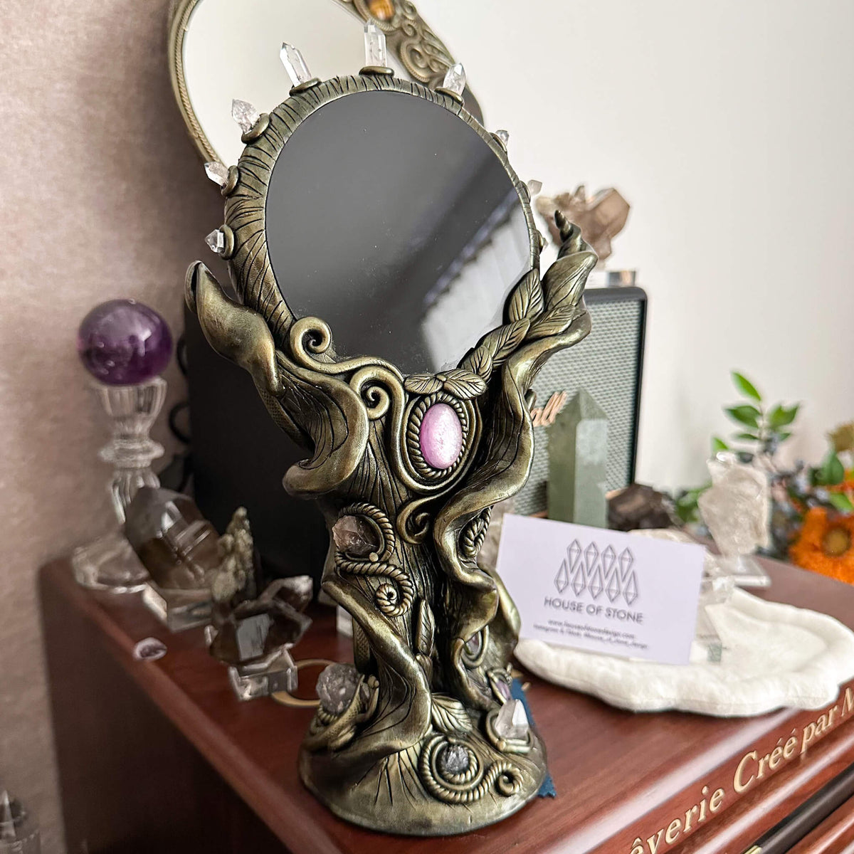 Handmade Natural Black Obsidian Mirror/Magic Obsidian Witch/Crystal Quartz with Base/Scrying Mirror/Root Chakra/Manifest Altar Tool