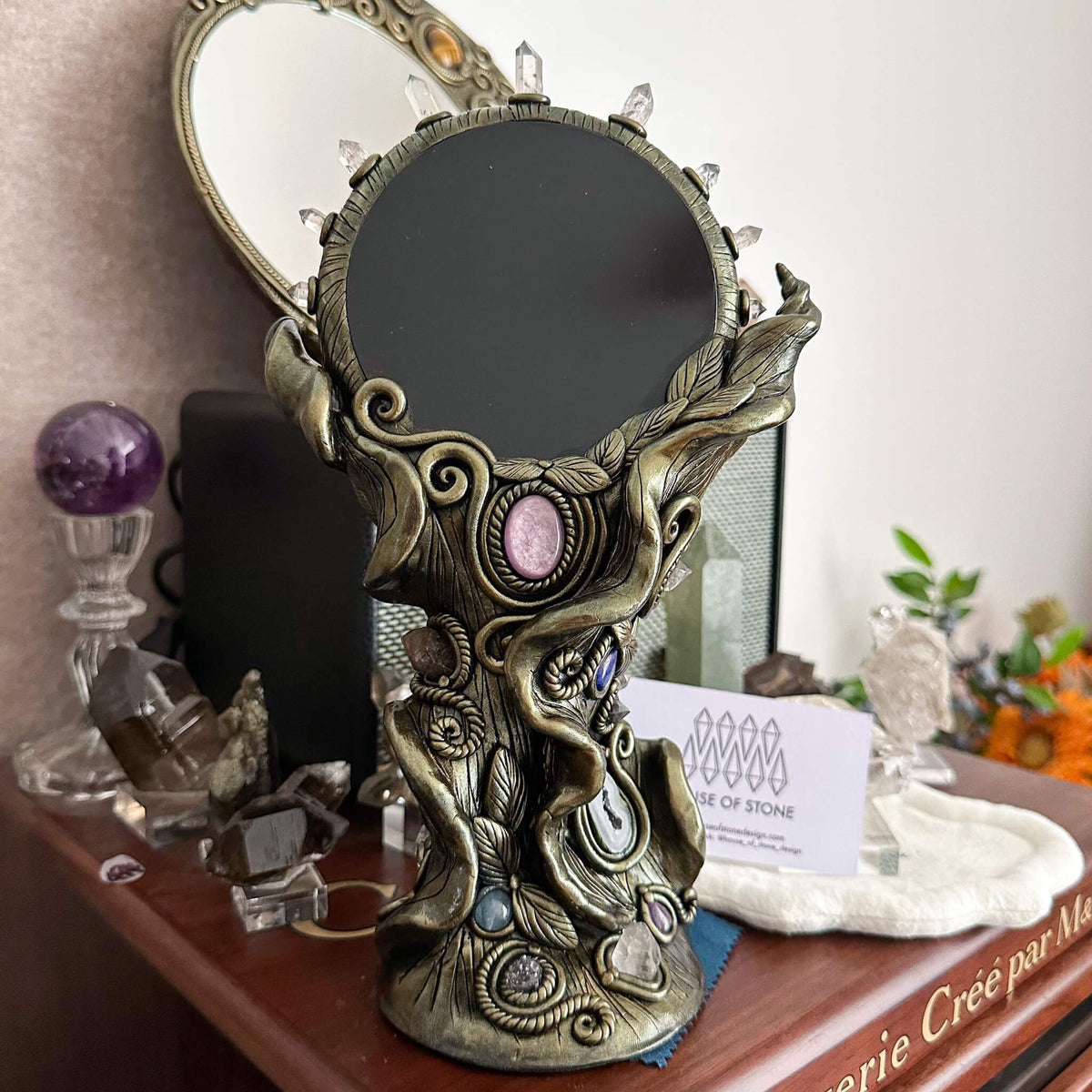 Handmade Natural Black Obsidian Mirror/Magic Obsidian Witch/Crystal Quartz with Base/Scrying Mirror/Root Chakra/Manifest Altar Tool