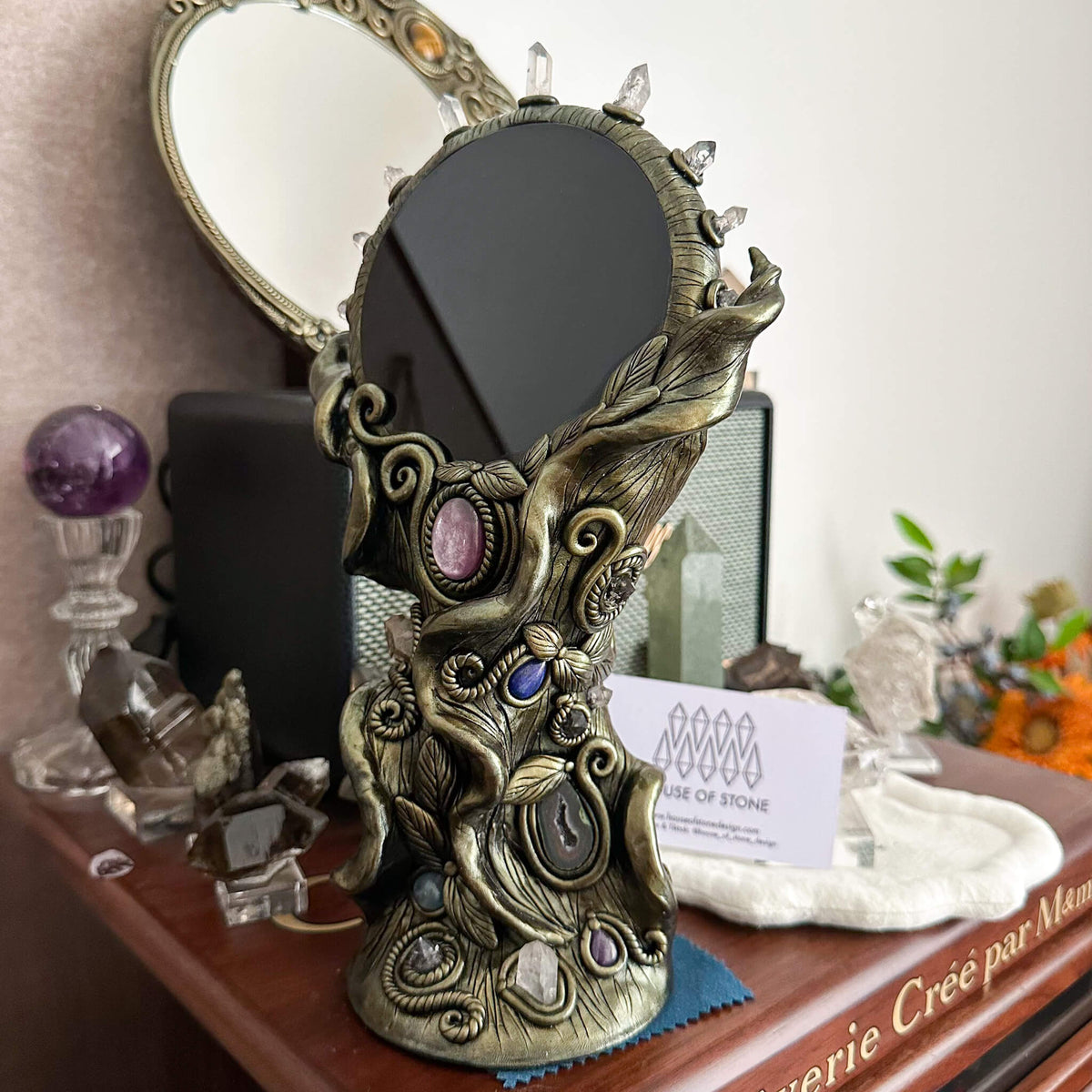 Handmade Natural Black Obsidian Mirror/Magic Obsidian Witch/Crystal Quartz with Base/Scrying Mirror/Root Chakra/Manifest Altar Tool