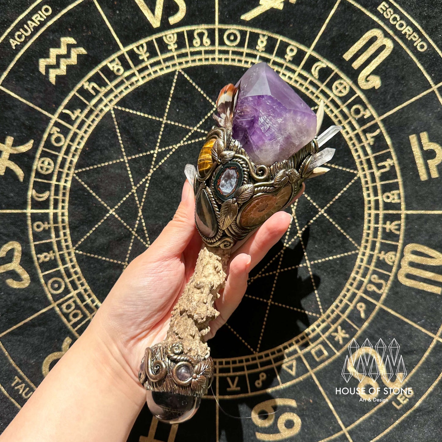 Handmade Natural Crystal Amethyst Antler Wand/Magic Clear Quartz Witch Wand/Labradorite Amethyst Ammonite Antler Stem/Chakra/Altar Tool
