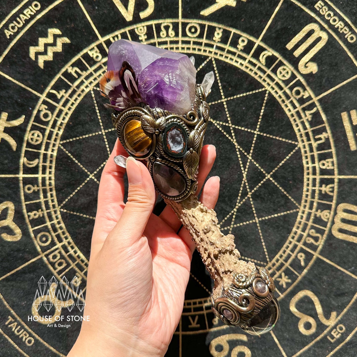 Handmade Natural Crystal Amethyst Antler Wand/Magic Clear Quartz Witch Wand/Labradorite Amethyst Ammonite Antler Stem/Chakra/Altar Tool