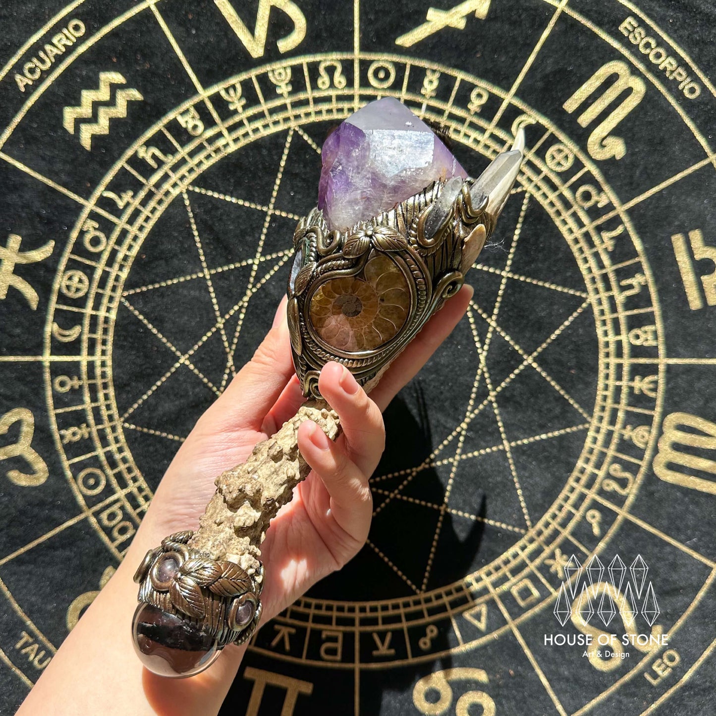 Handmade Natural Crystal Amethyst Antler Wand/Magic Clear Quartz Witch Wand/Labradorite Amethyst Ammonite Antler Stem/Chakra/Altar Tool