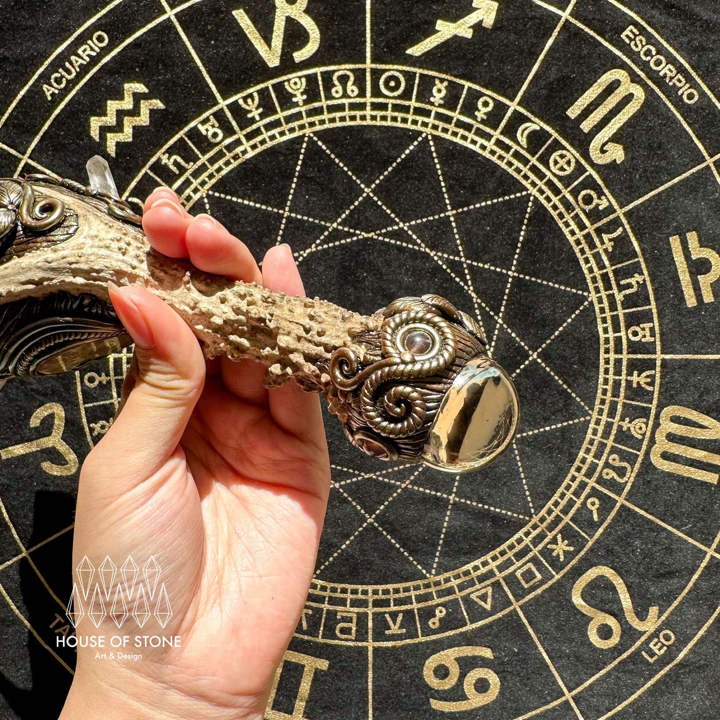 Handmade Natural Crystal Amethyst Antler Wand/Magic Clear Quartz Witch Wand/Labradorite Amethyst Ammonite Antler Stem/Chakra/Altar Tool