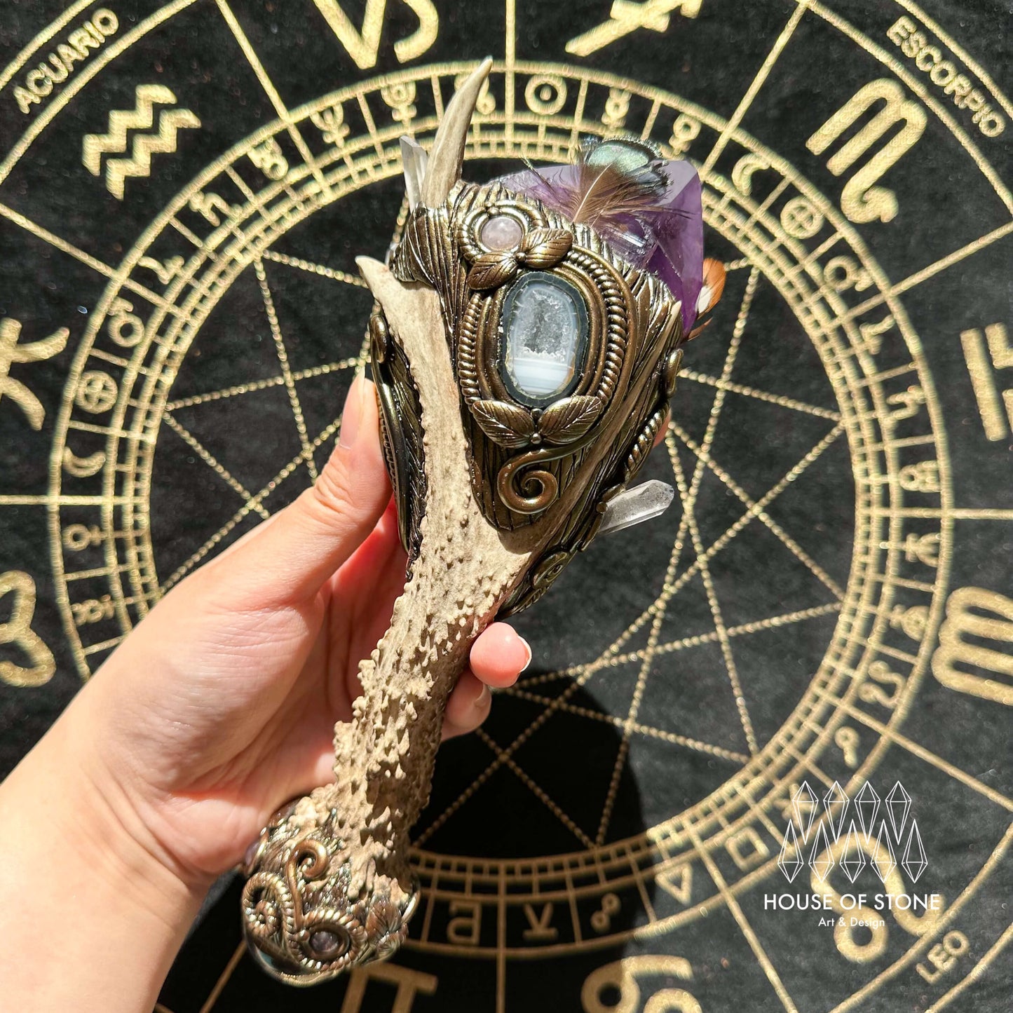 Handmade Natural Crystal Amethyst Antler Wand/Magic Clear Quartz Witch Wand/Labradorite Amethyst Ammonite Antler Stem/Chakra/Altar Tool