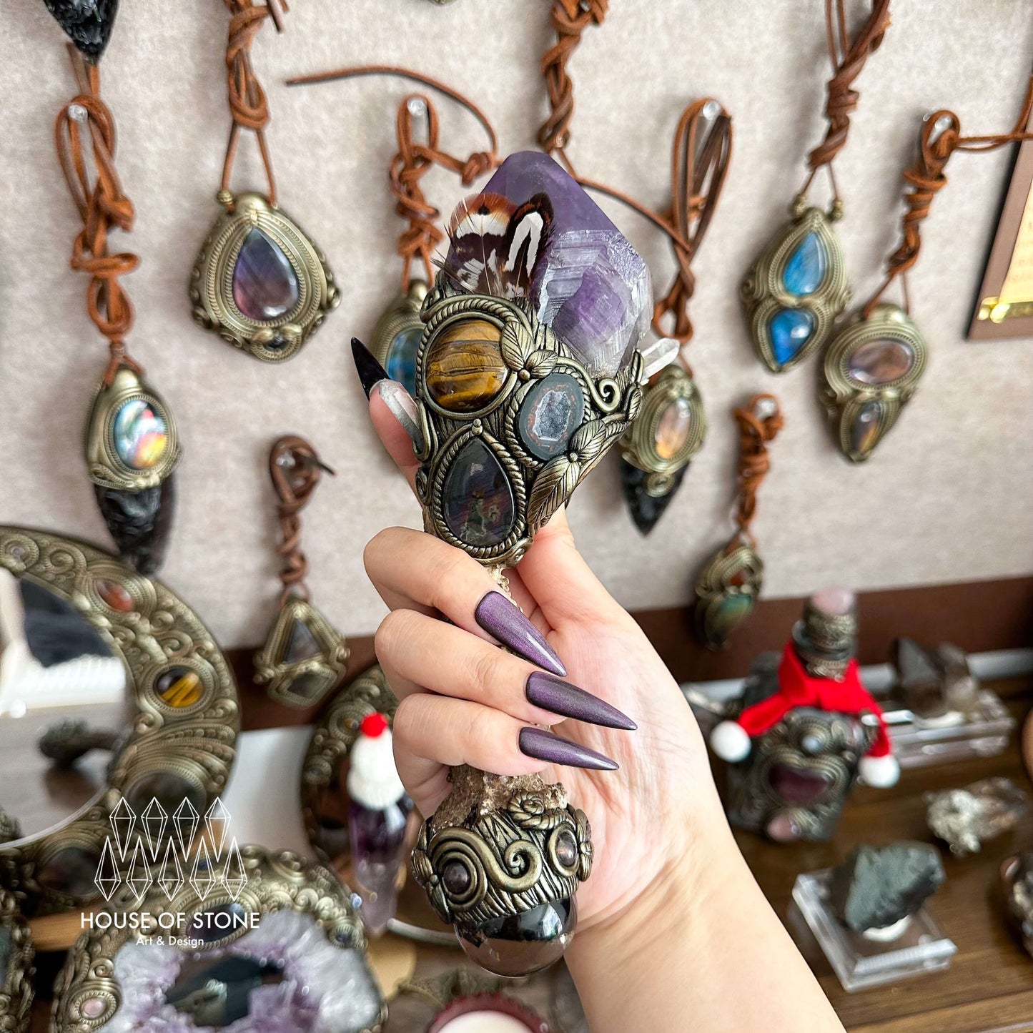 Handmade Natural Crystal Amethyst Antler Wand/Magic Clear Quartz Witch Wand/Labradorite Amethyst Ammonite Antler Stem/Chakra/Altar Tool