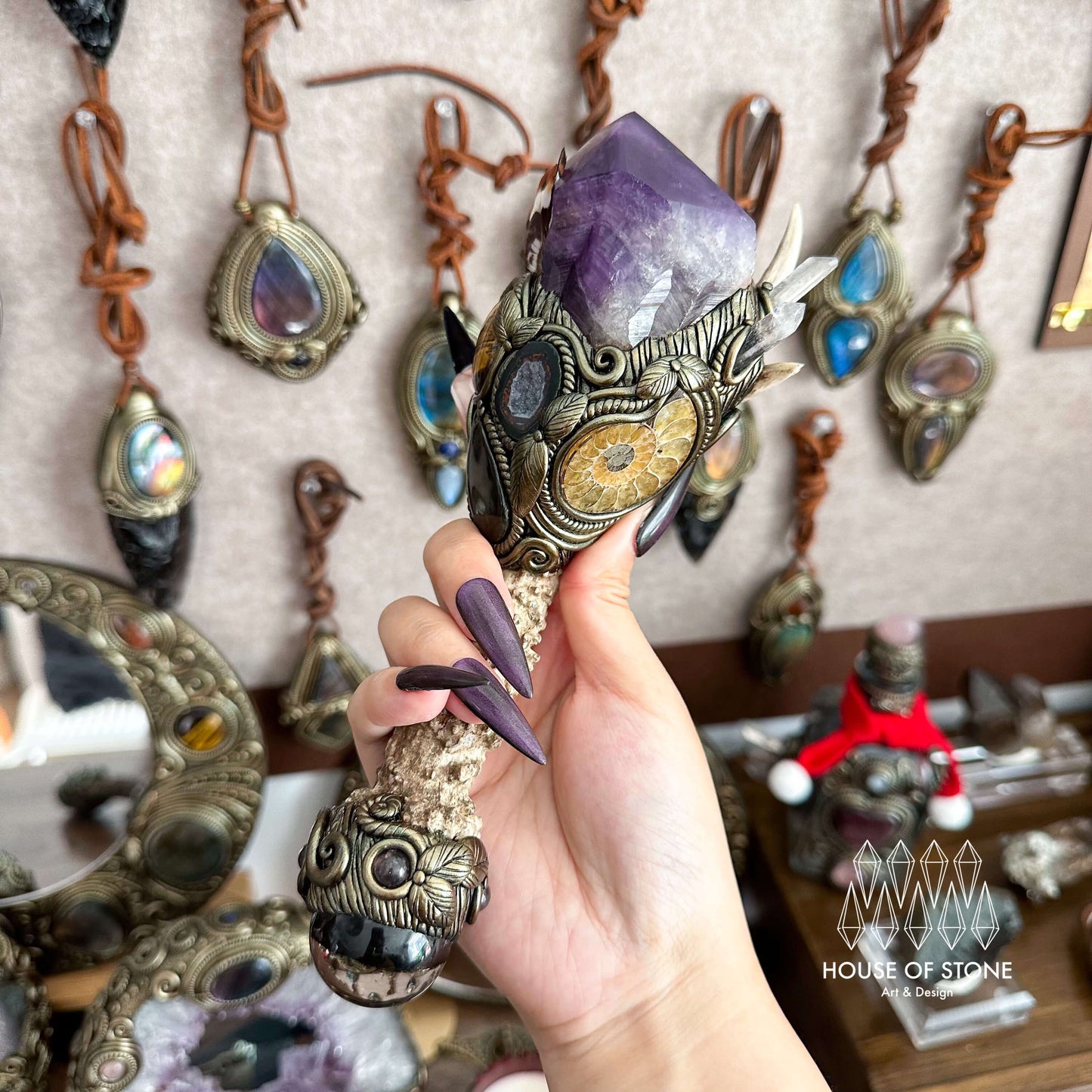 Handmade Natural Crystal Amethyst Antler Wand/Magic Clear Quartz Witch Wand/Labradorite Amethyst Ammonite Antler Stem/Chakra/Altar Tool