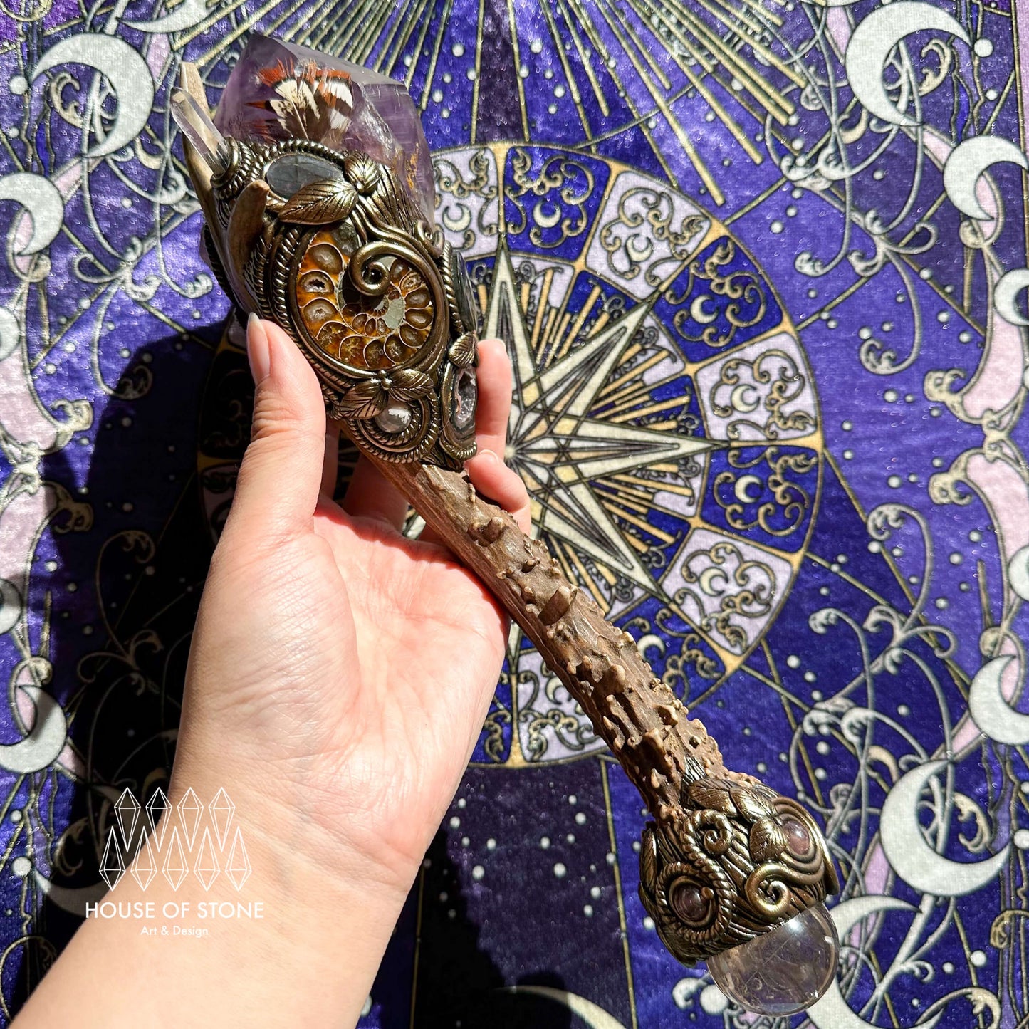 Handmade Natural Crystal Amethyst Antler Wand/Magic Smoky Quartz Witch Wand/Labradorite Amethyst Ammonite Antler Stem/Chakra/Altar Tool