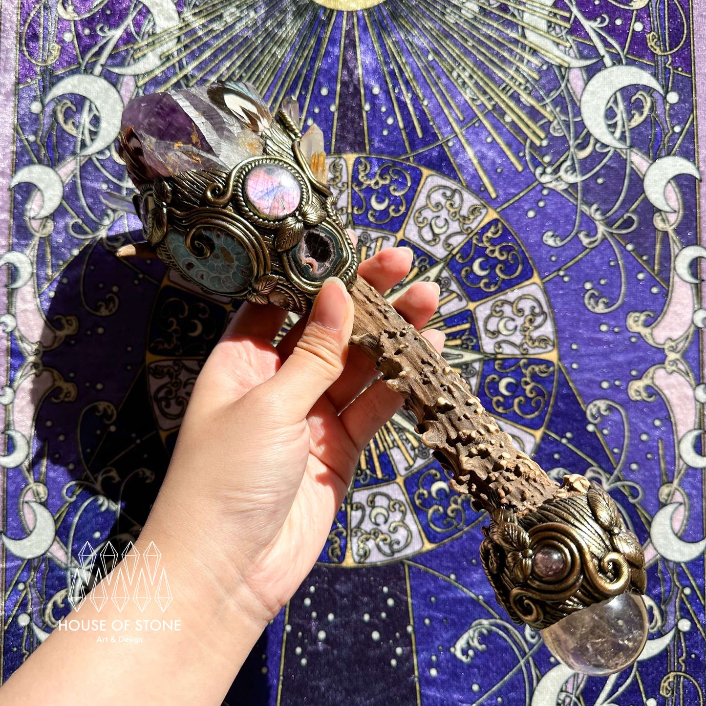 Handmade Natural Crystal Amethyst Antler Wand/Magic Smoky Quartz Witch Wand/Labradorite Amethyst Ammonite Antler Stem/Chakra/Altar Tool