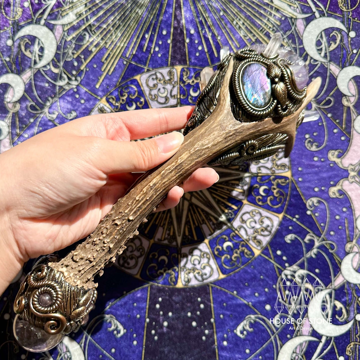 Handmade Natural Crystal Amethyst Antler Wand/Magic Smoky Quartz Witch Wand/Labradorite Amethyst Ammonite Antler Stem/Chakra/Altar Tool