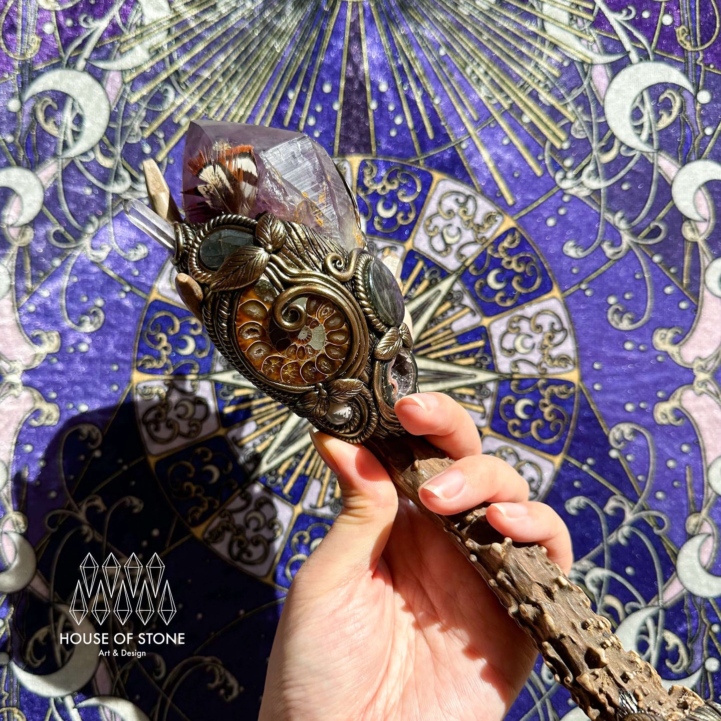 Handmade Natural Crystal Amethyst Antler Wand/Magic Smoky Quartz Witch Wand/Labradorite Amethyst Ammonite Antler Stem/Chakra/Altar Tool