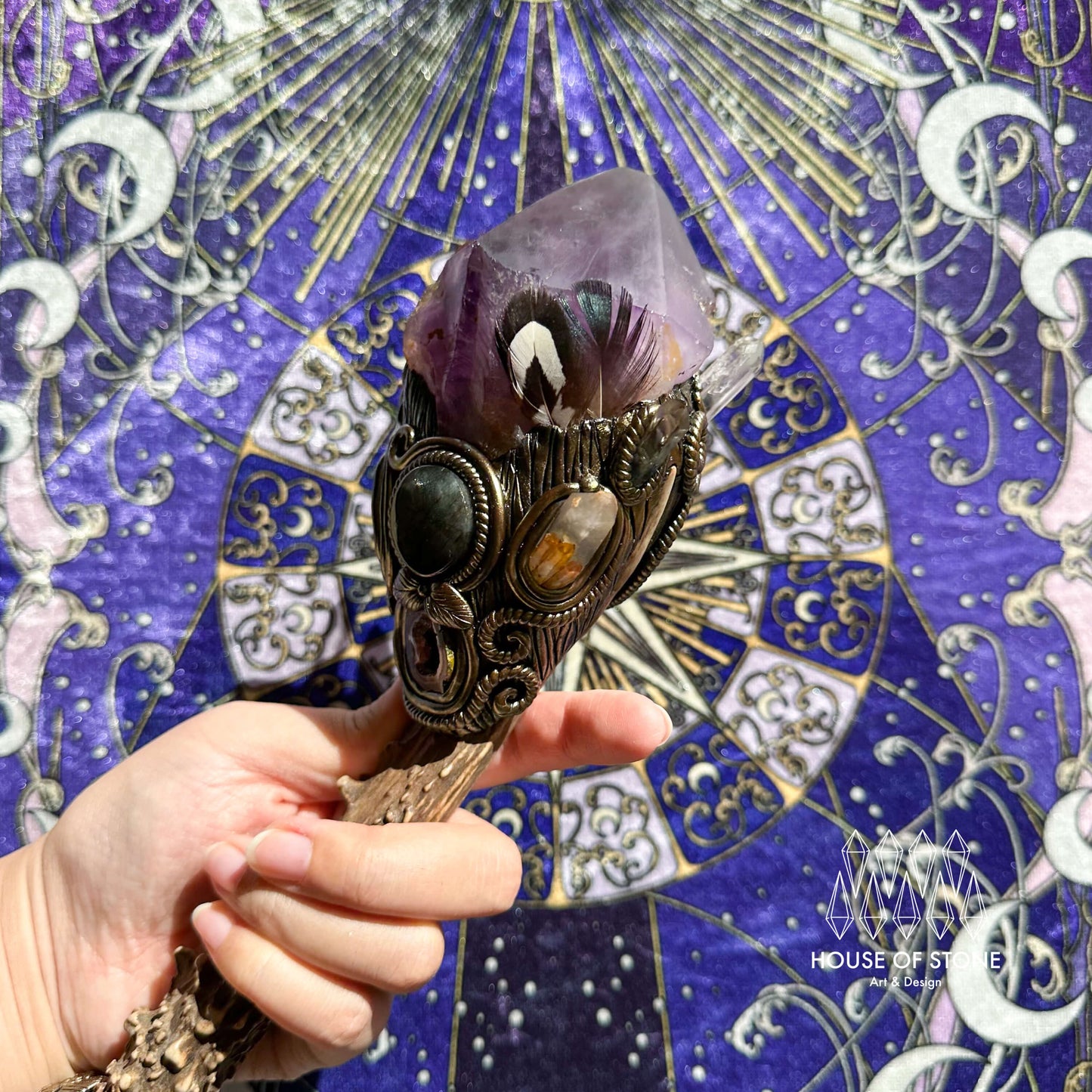 Handmade Natural Crystal Amethyst Antler Wand/Magic Smoky Quartz Witch Wand/Labradorite Amethyst Ammonite Antler Stem/Chakra/Altar Tool