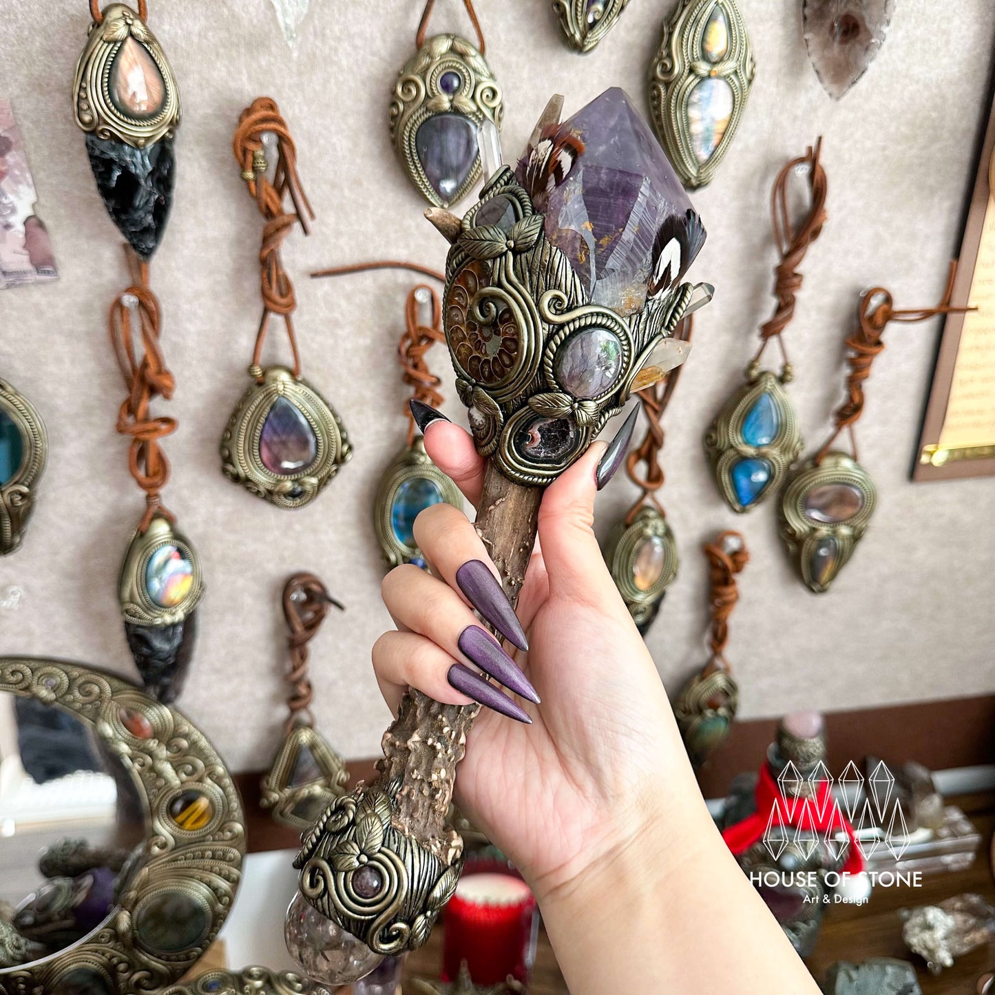 Handmade Natural Crystal Amethyst Antler Wand/Magic Smoky Quartz Witch Wand/Labradorite Amethyst Ammonite Antler Stem/Chakra/Altar Tool