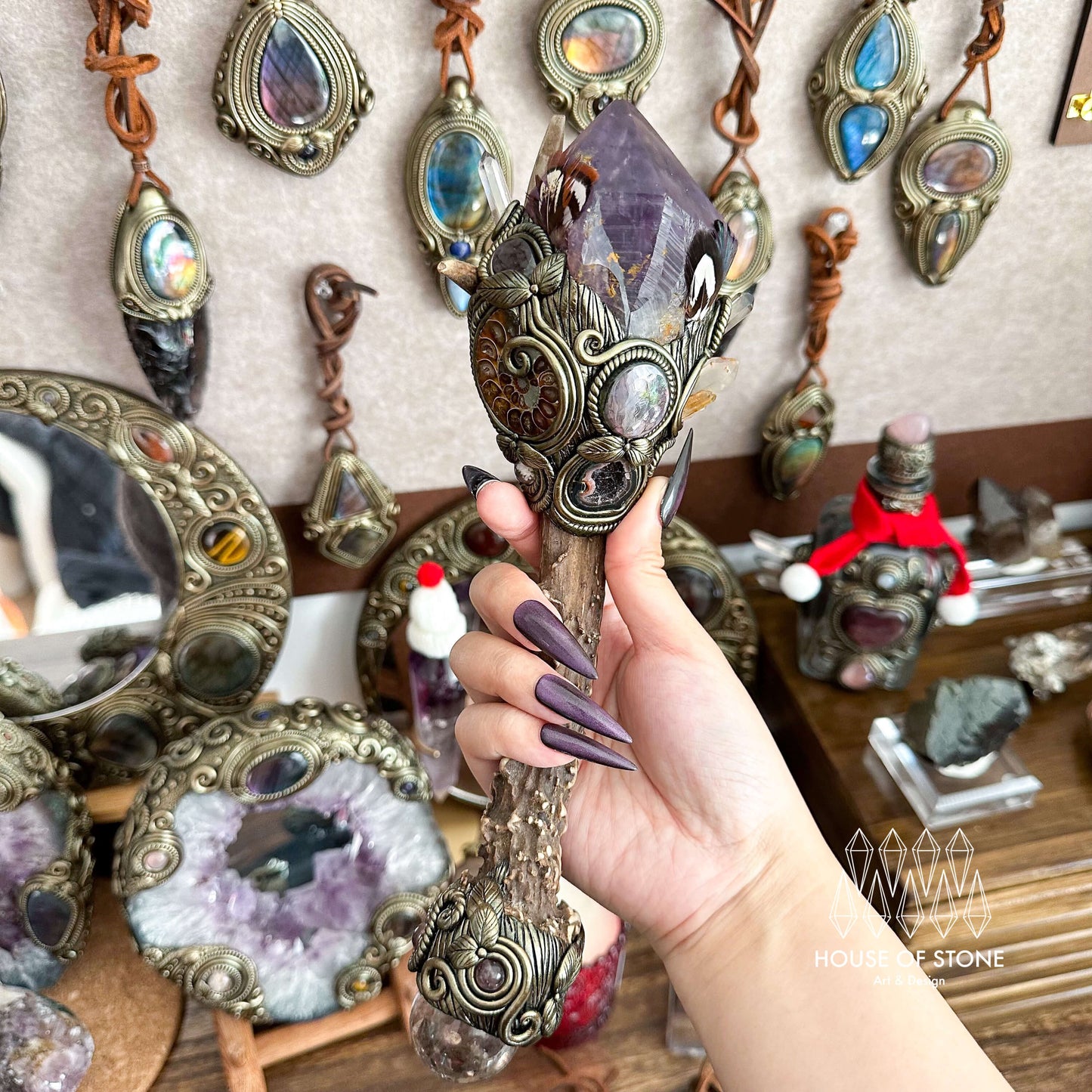 Handmade Natural Crystal Amethyst Antler Wand/Magic Smoky Quartz Witch Wand/Labradorite Amethyst Ammonite Antler Stem/Chakra/Altar Tool
