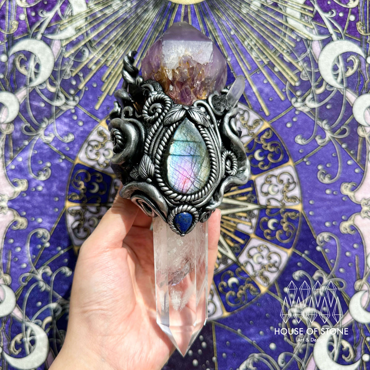 Handmade Natural Amethyst Crystal Wand/Magic Witch Crystal Wand/Clear Quartz Labradorite Handle/Chakra/Manifest Altar Tool