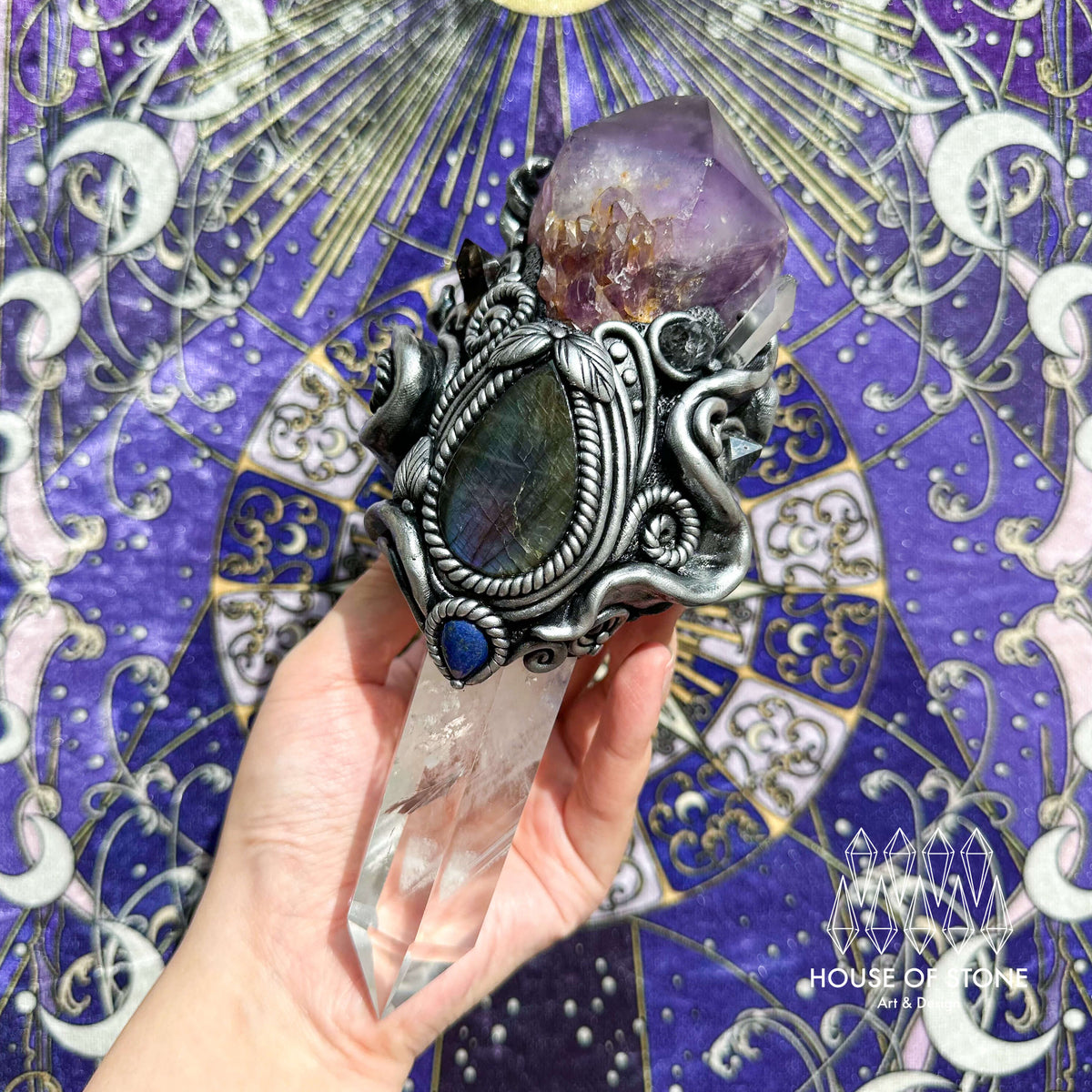 Handmade Natural Amethyst Crystal Wand/Magic Witch Crystal Wand/Clear Quartz Labradorite Handle/Chakra/Manifest Altar Tool