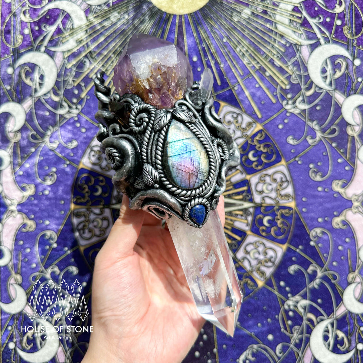 Handmade Natural Amethyst Crystal Wand/Magic Witch Crystal Wand/Clear Quartz Labradorite Handle/Chakra/Manifest Altar Tool