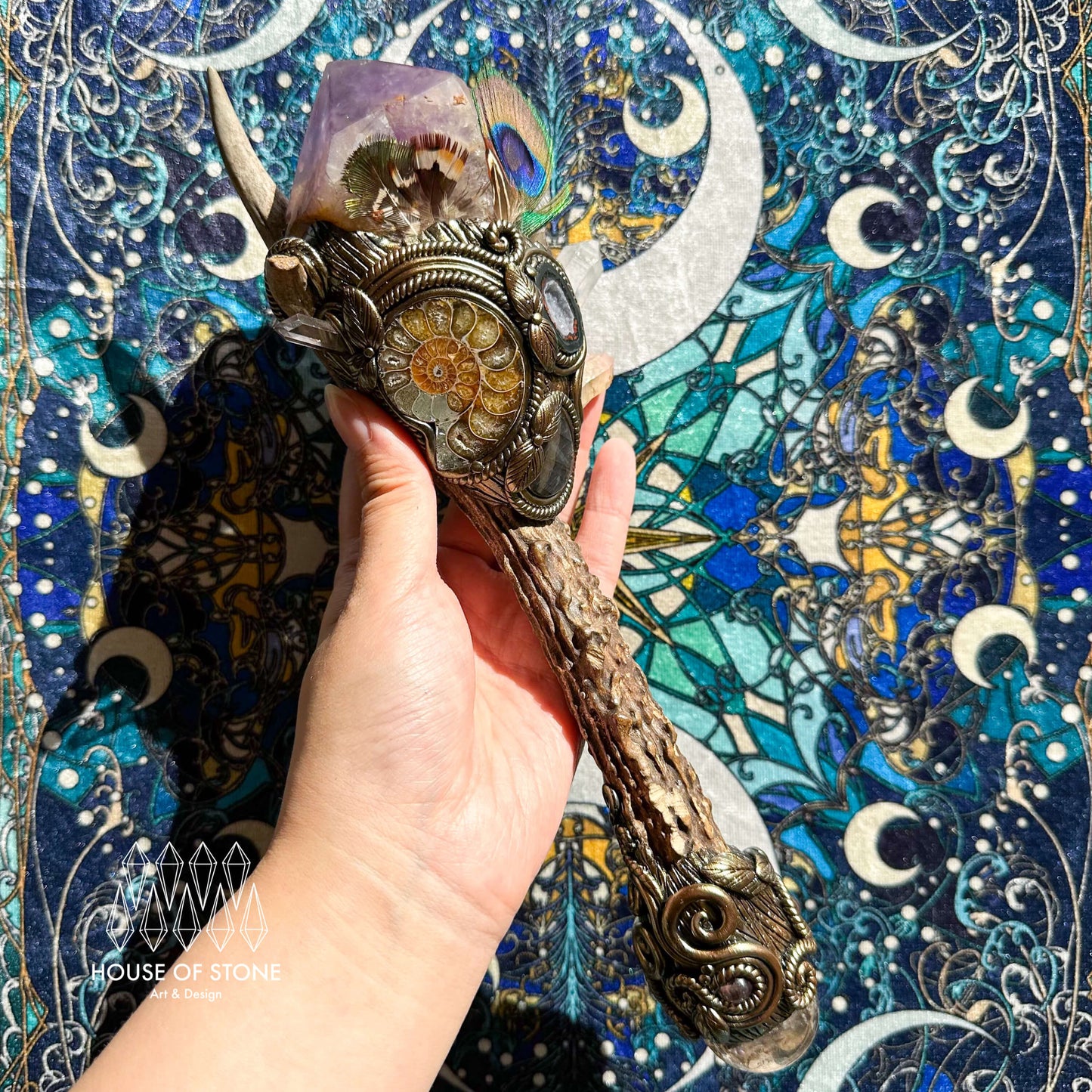 Handmade Natural Crystal Amethyst Antler Wand/Magic Clear Quartz Witch Wand/Labradorite Amethyst Ammonite Antler Stem/Chakra/Altar Tool