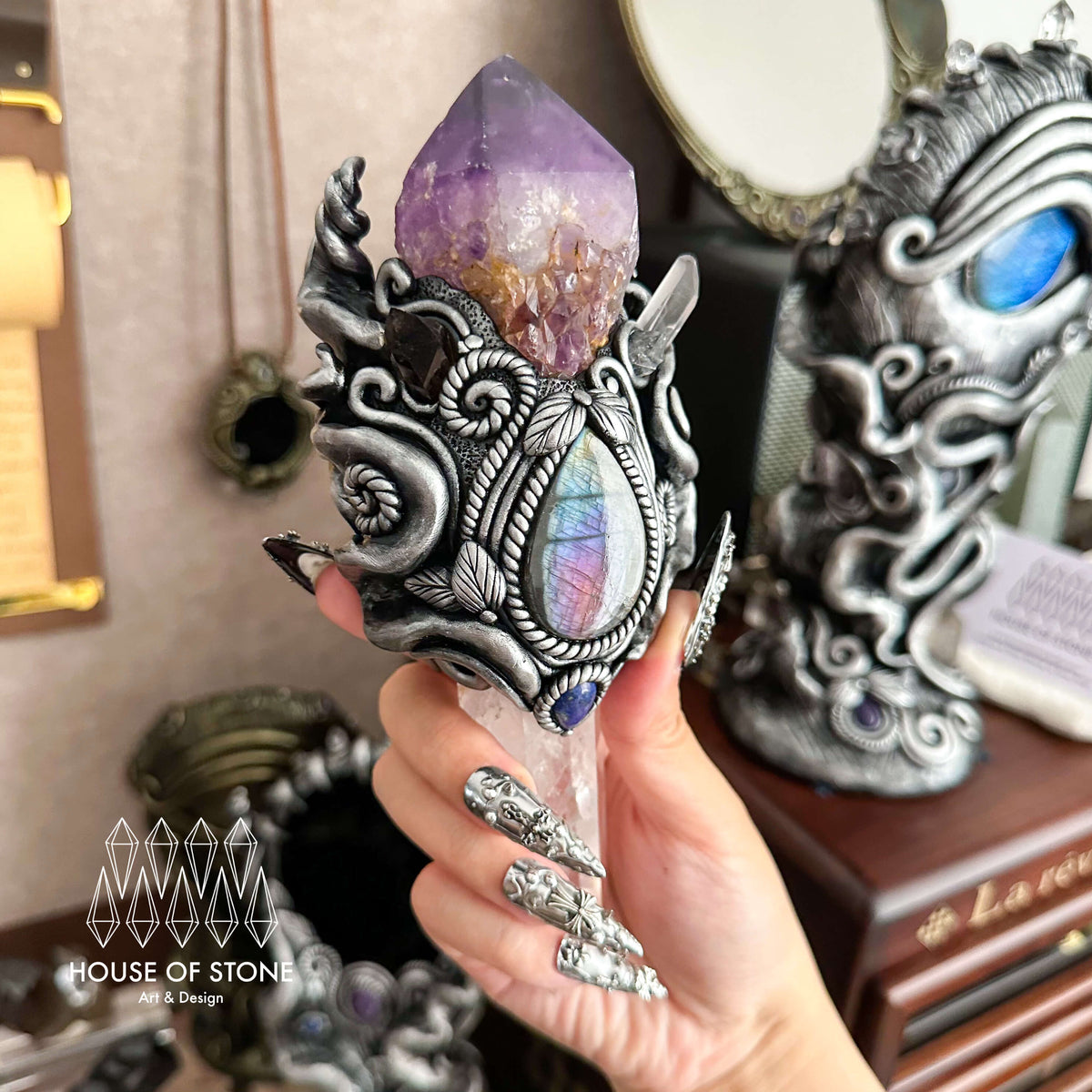 Handmade Natural Amethyst Crystal Wand/Magic Witch Crystal Wand/Clear Quartz Labradorite Handle/Chakra/Manifest Altar Tool