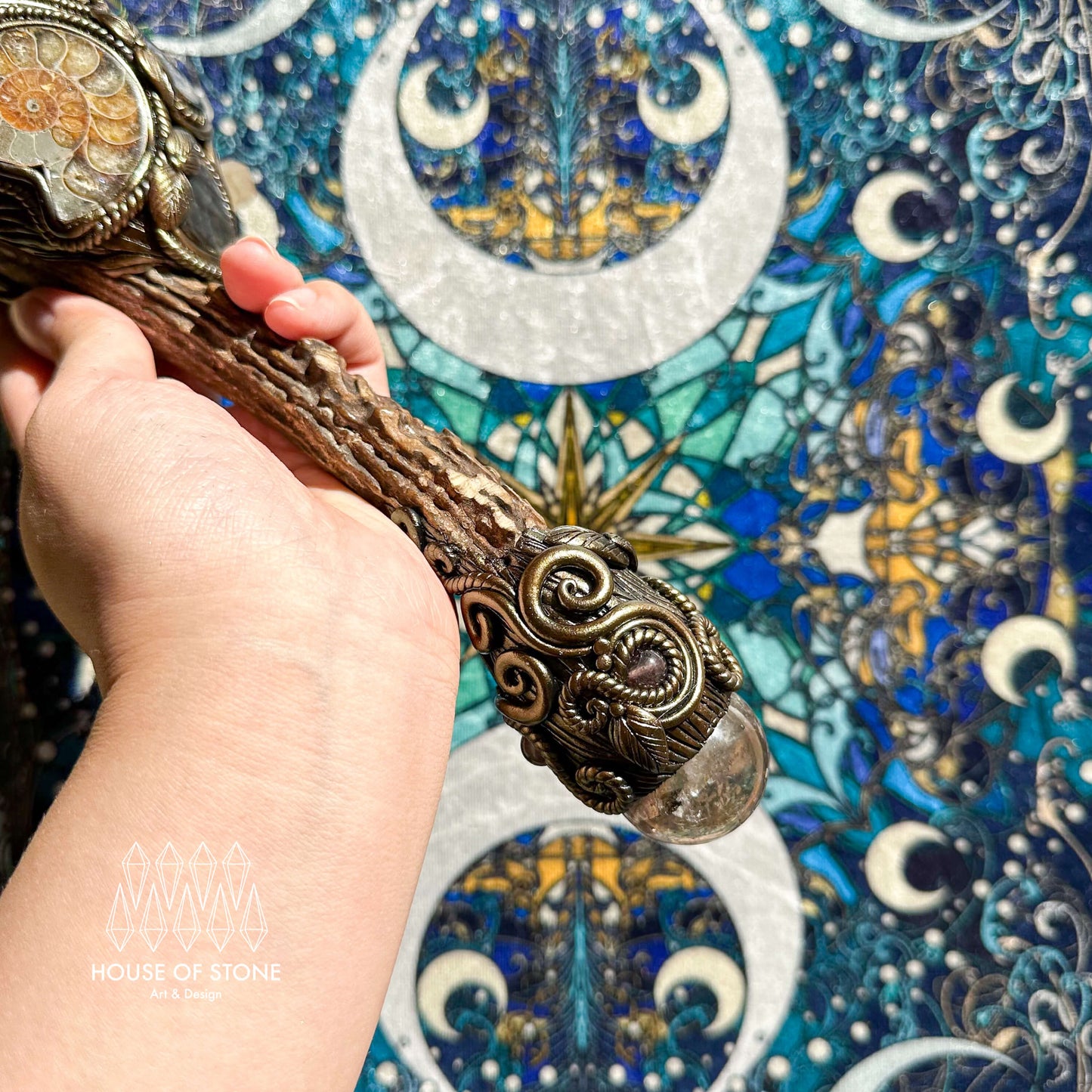 Handmade Natural Crystal Amethyst Antler Wand/Magic Clear Quartz Witch Wand/Labradorite Amethyst Ammonite Antler Stem/Chakra/Altar Tool