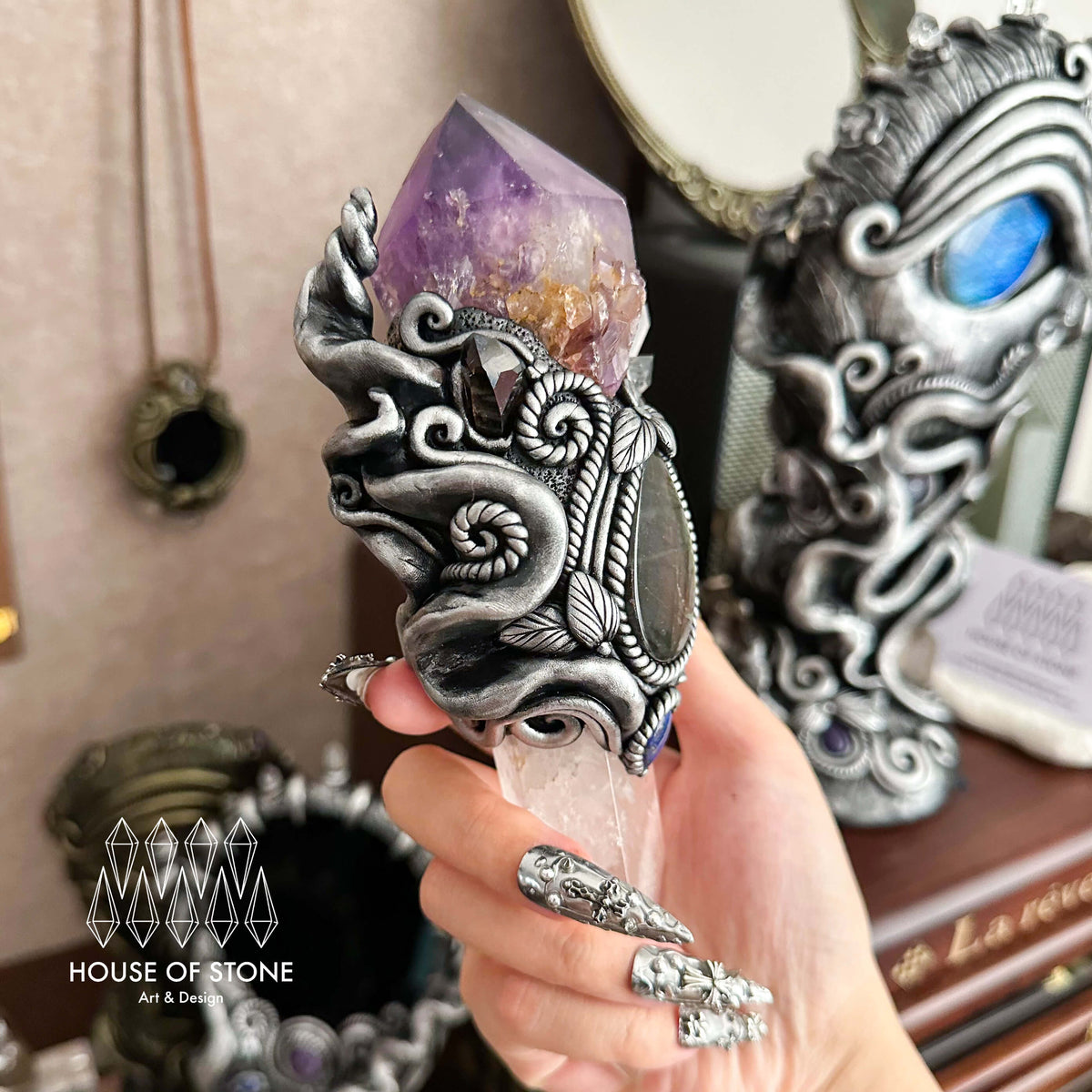 Handmade Natural Amethyst Crystal Wand/Magic Witch Crystal Wand/Clear Quartz Labradorite Handle/Chakra/Manifest Altar Tool